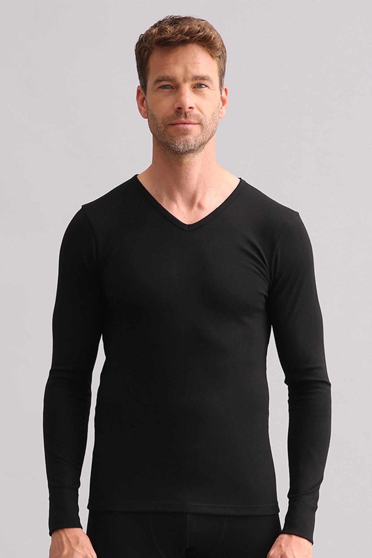Mısırlı BAMBU TERMAL V Yaka Uzun Kollu Fanila / Sweatshirt Siyah