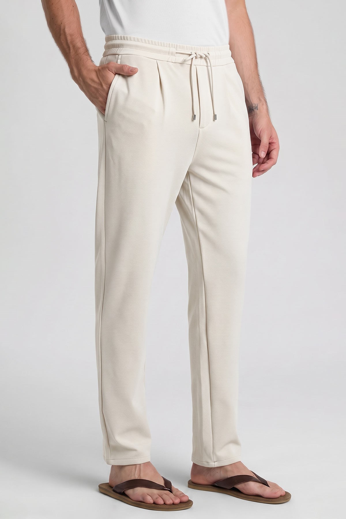 Mısırlı Erkek Beli Lastikli Örme Pantolon Ekru