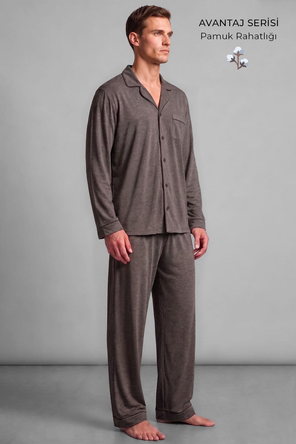 Mısırlı Erkek Gömlek Yaka Biye Detaylı Pijama Takım Kahverengi Melanj