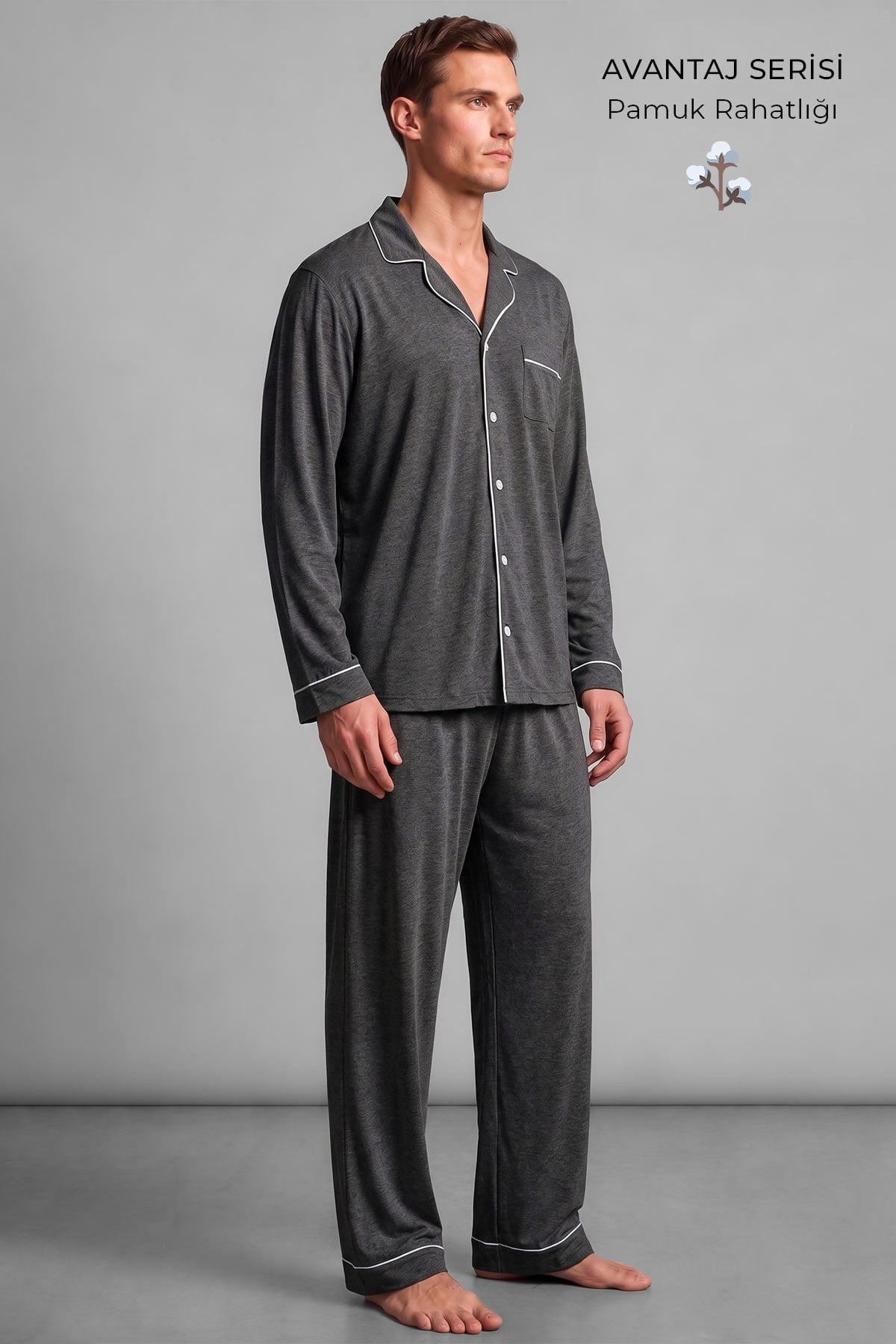 Mısırlı Erkek Gömlek Yaka Biye Detaylı Pijama Takım Antrasit Melanj