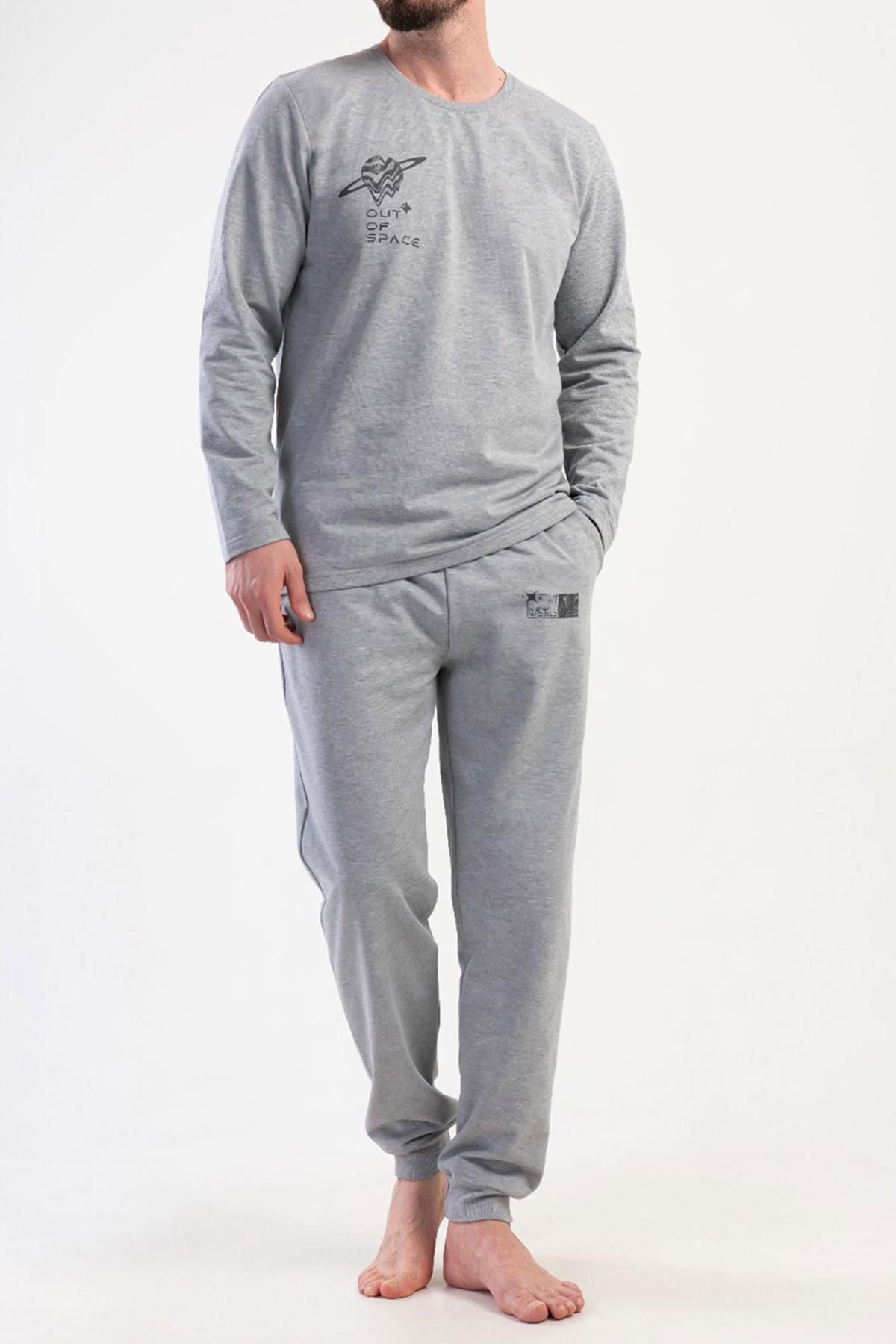 Mısırlı Erkek İki İplik Bisiklet Yaka Uzun Kollu Pijama Takımı Gri Melanj