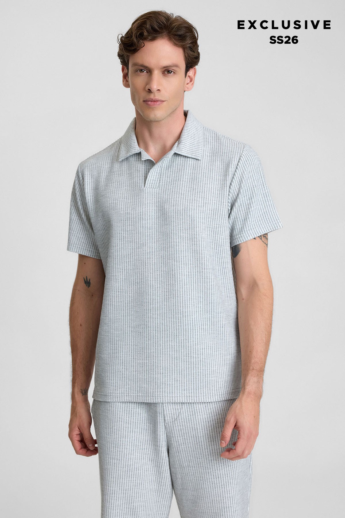 Mısırlı Erkek Jakarlı İnterlok Viskon Polo Yaka T-shirt Gri