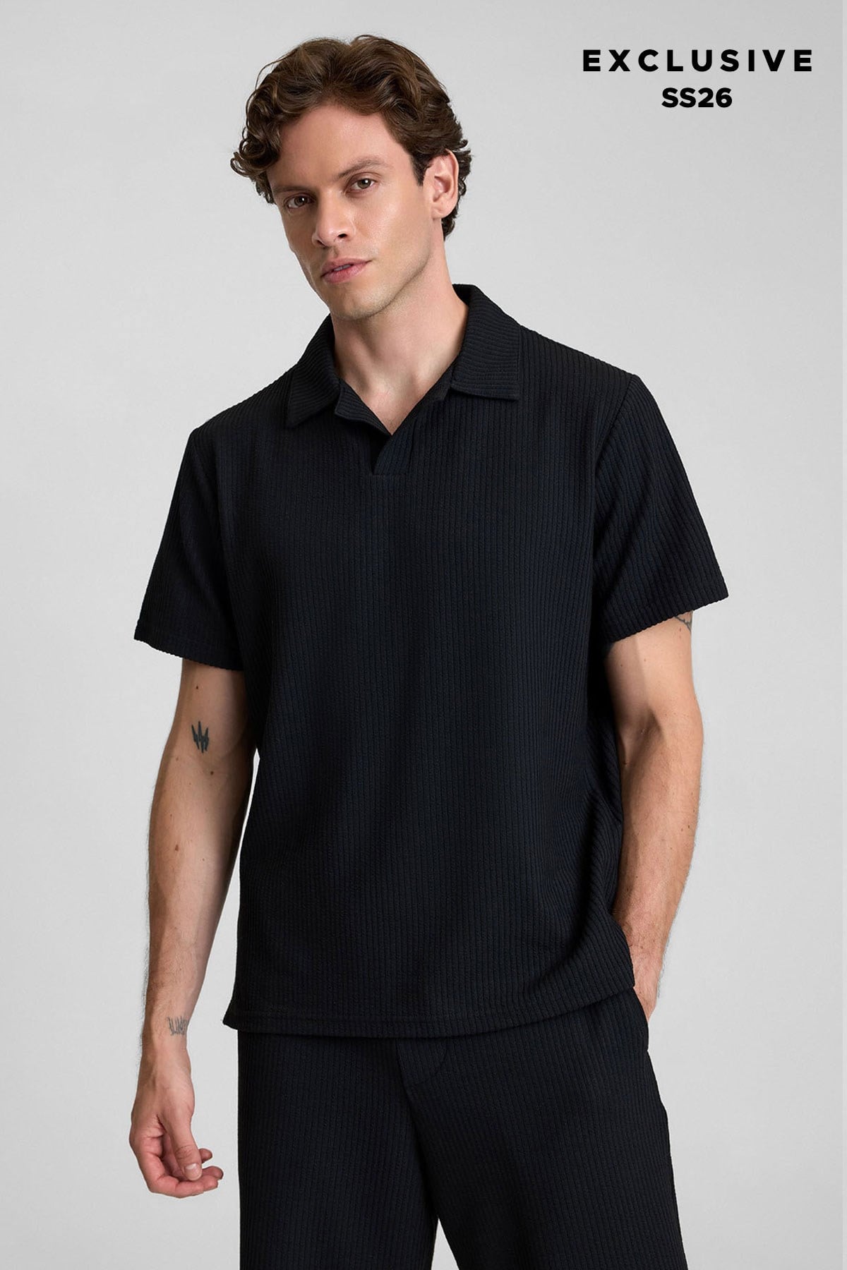 Mısırlı Erkek Jakarlı İnterlok Viskon Polo Yaka T-shirt Siyah