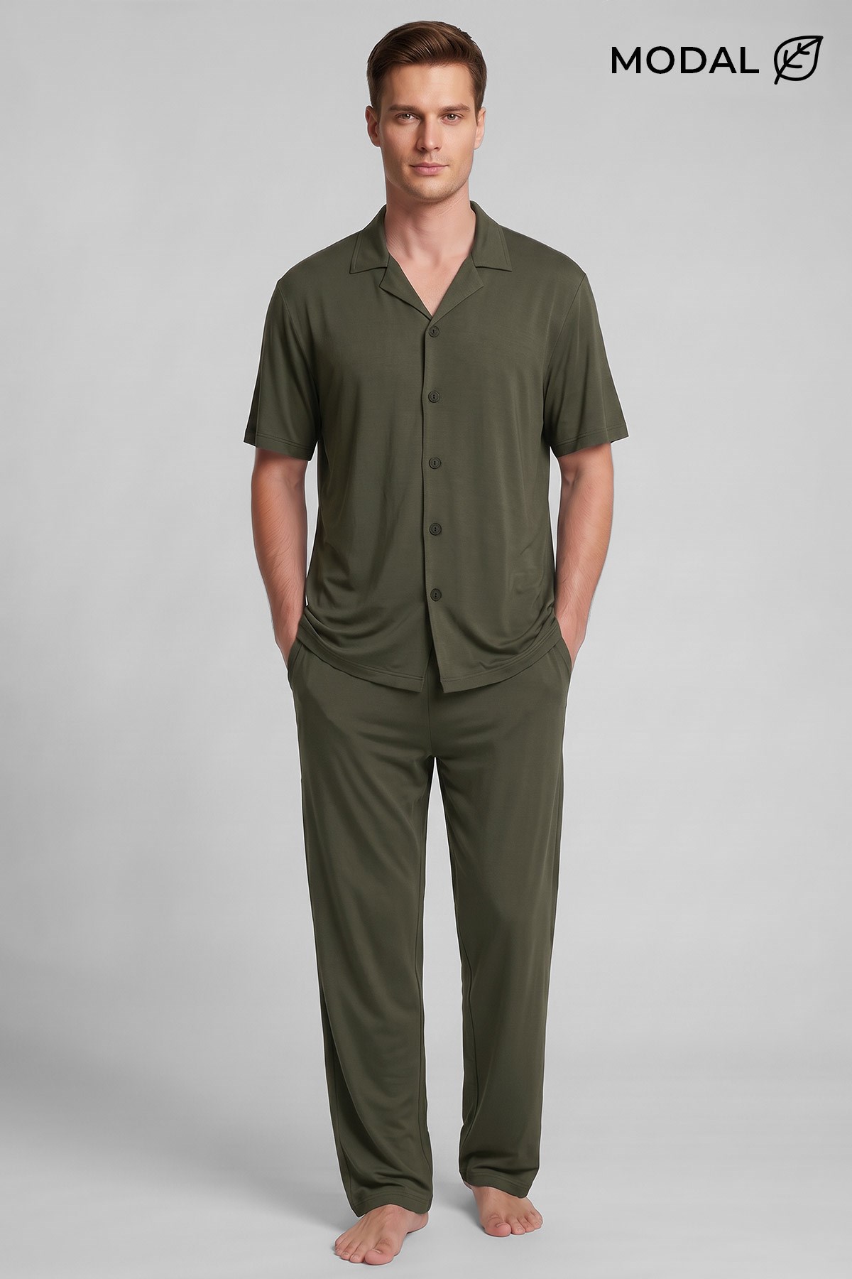 Mısırlı Erkek Modal Karışımlı Düğmeli Pijama Takım Haki