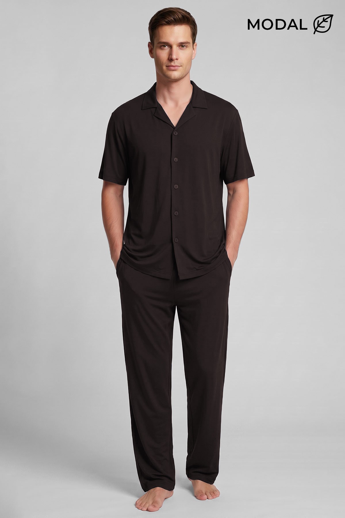 Mısırlı Erkek Modal Karışımlı Düğmeli Pijama Takım Koyu Kahverengi