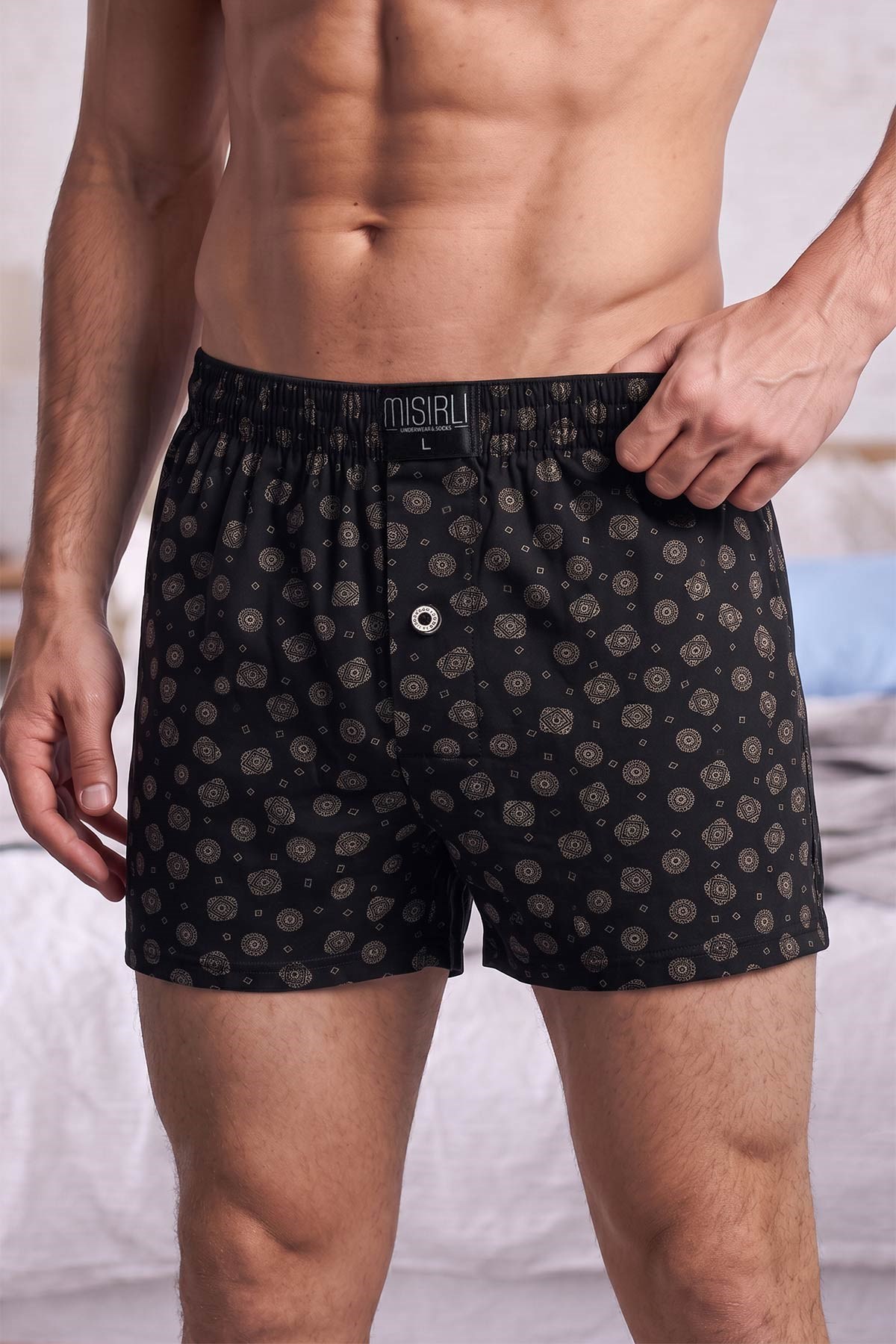 Mısırlı Erkek Pamuk Artemis Relax Fit Boxer Geometrik Desen/Siyah