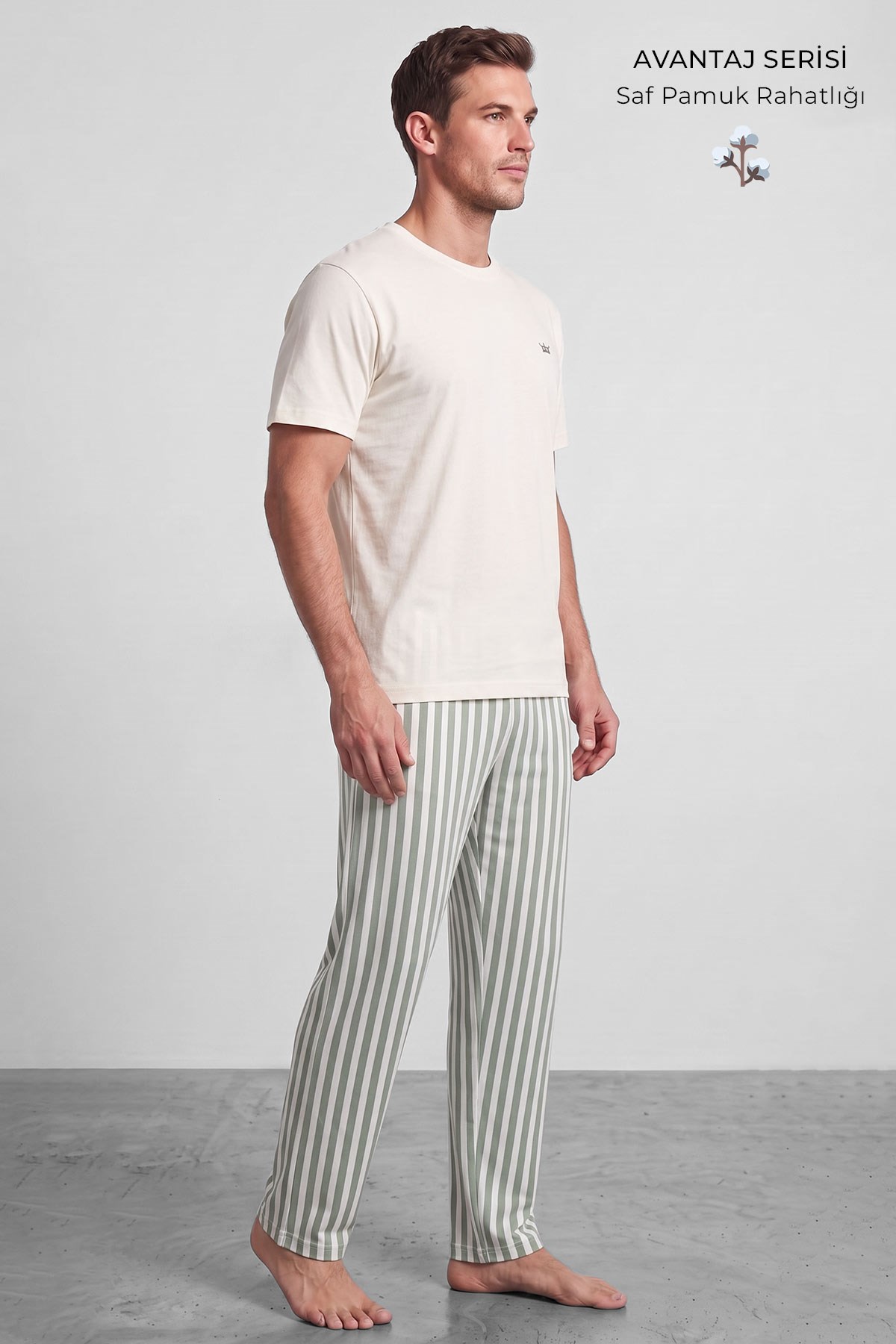 Mısırlı Erkek Pamuk Çizgili Pijama Takım Beyaz-Yeşil