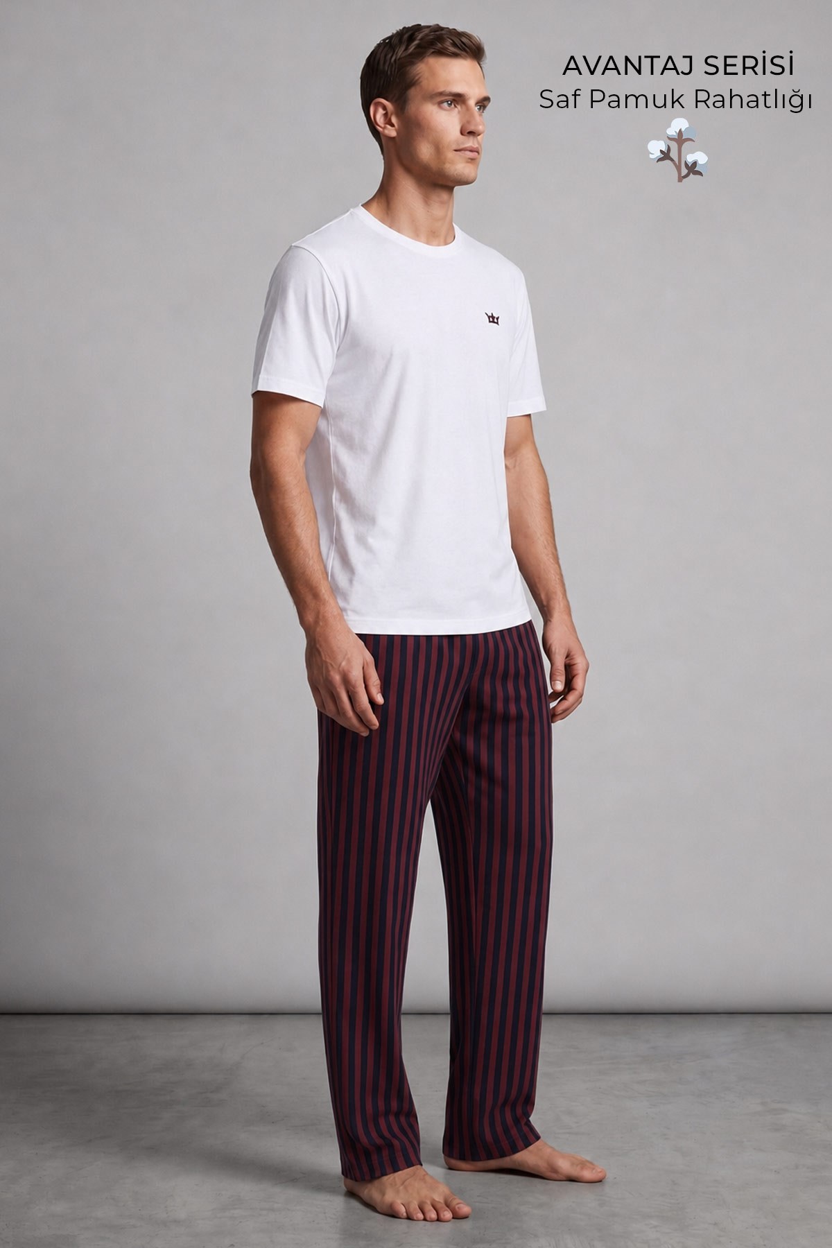 Mısırlı Erkek Pamuk Çizgili Pijama Takım Beyaz-Bordo