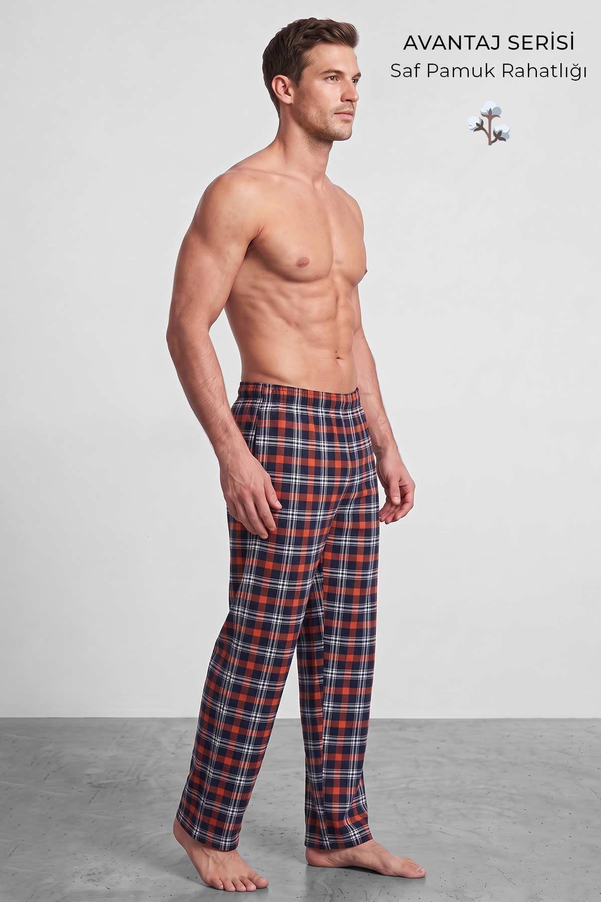 Mısırlı Erkek Pamuk Ekoseli Alt Pijama Oranj
