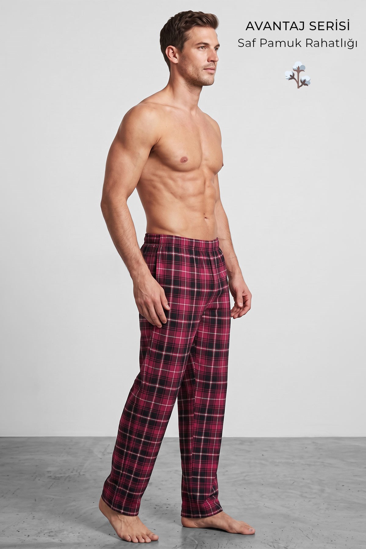 Mısırlı Erkek Pamuk Ekoseli Alt Pijama Açık Kırmızıı