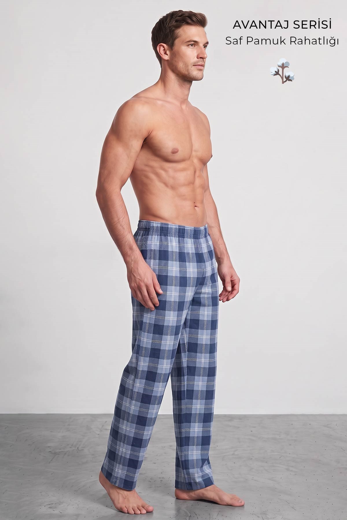 Mısırlı Erkek Pamuk Ekoseli Alt Pijama Mavi
