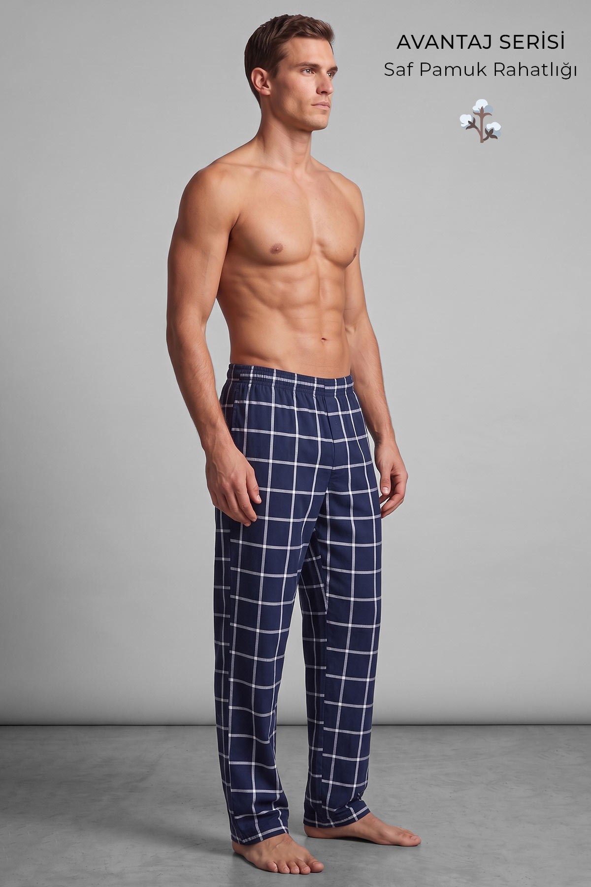 Mısırlı Erkek Pamuk İnce Ekoseli Alt  Pijama Açık Lacivert