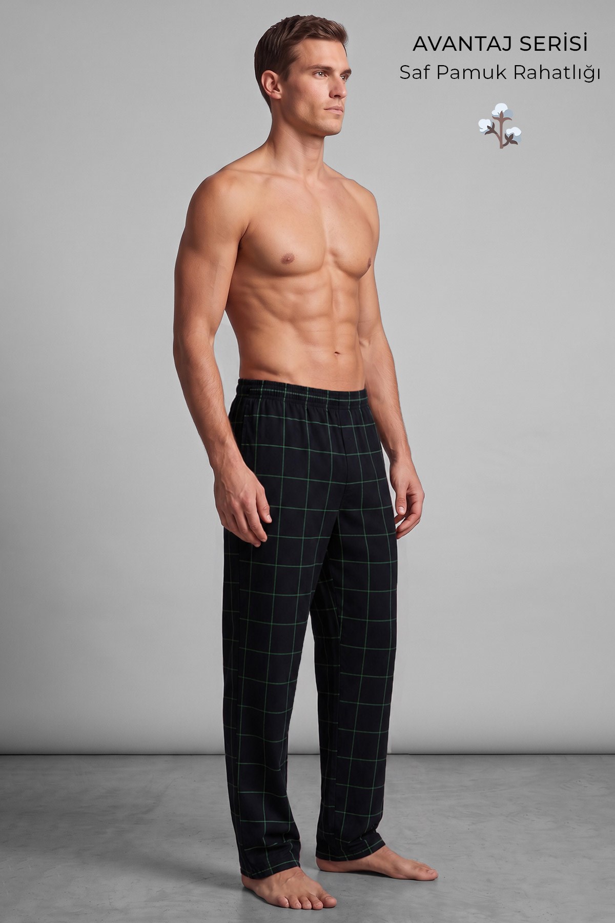 Mısırlı Erkek Pamuk İnce Ekoseli Alt  Pijama Siyah-Mint
