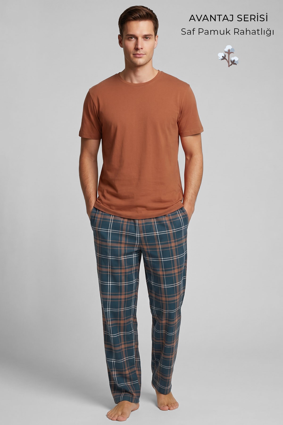 Mısırlı Erkek Pamuk Kısa Kol Pijama Takım Oranj
