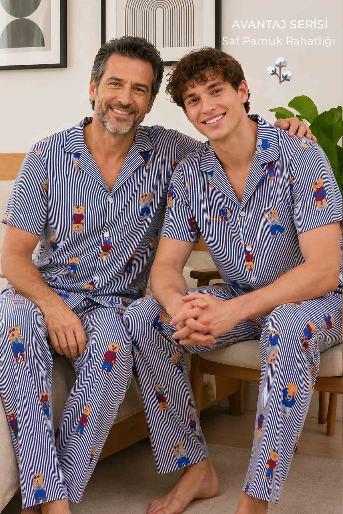 Mısırlı Erkek Pamuk Kısa Kollu Gömlek Pijama Takım Lacivert