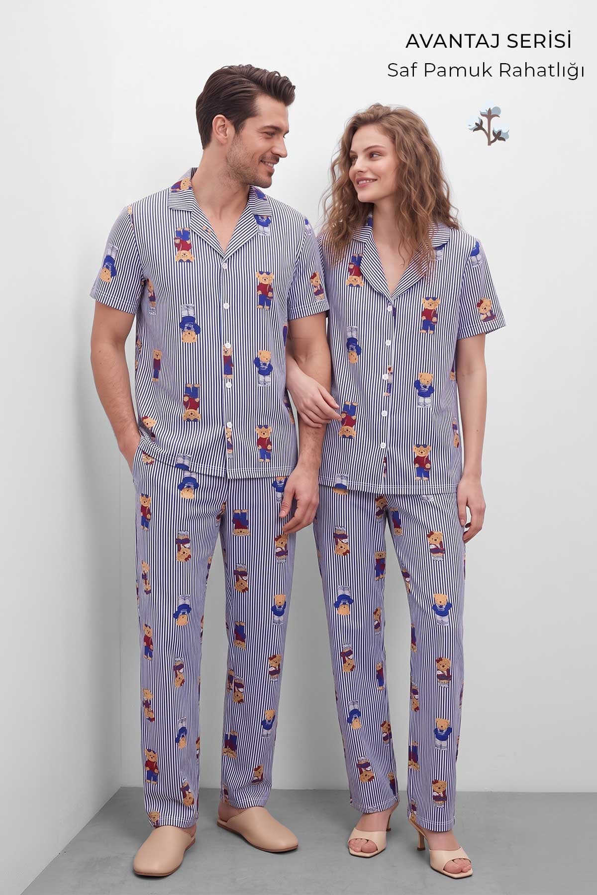 Mısırlı Erkek Pamuk Kısa Kollu Gömlek Pijama Takım Lacivert
