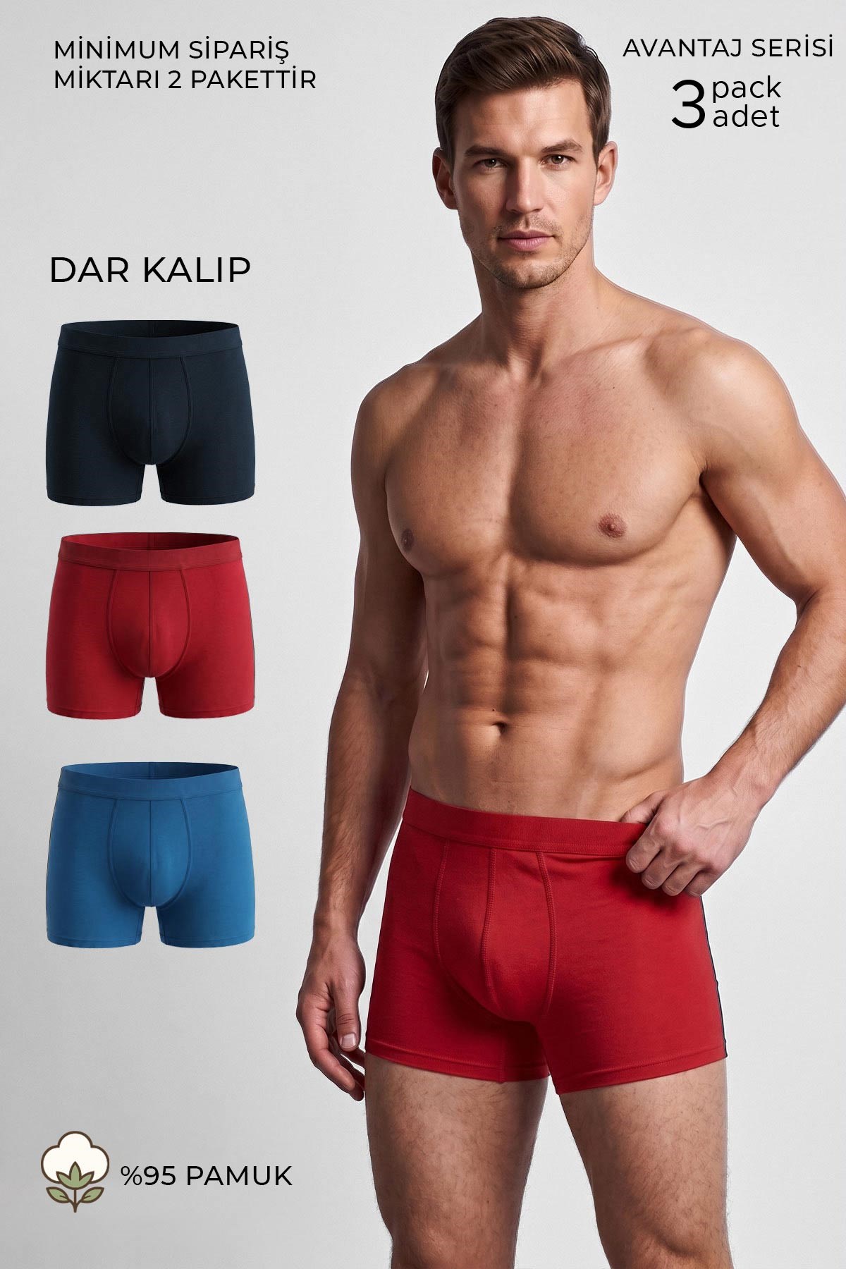 Mısırlı Erkek PAMUKLU DAR (Slim) KALIP Klasik Boxer Üçlü Pack Lacivert-Kırmızı-Sax