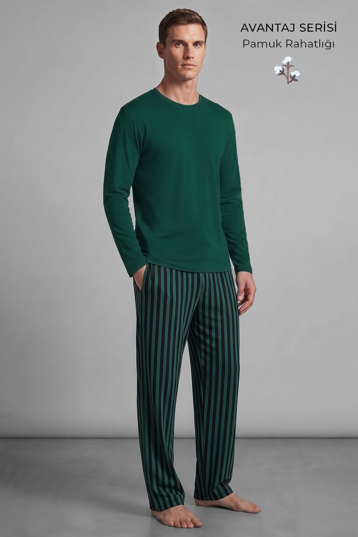 Mısırlı Erkek Pamuklu Uzun Kollu Pijama Takım Zümrüt Yeşil-Siyah