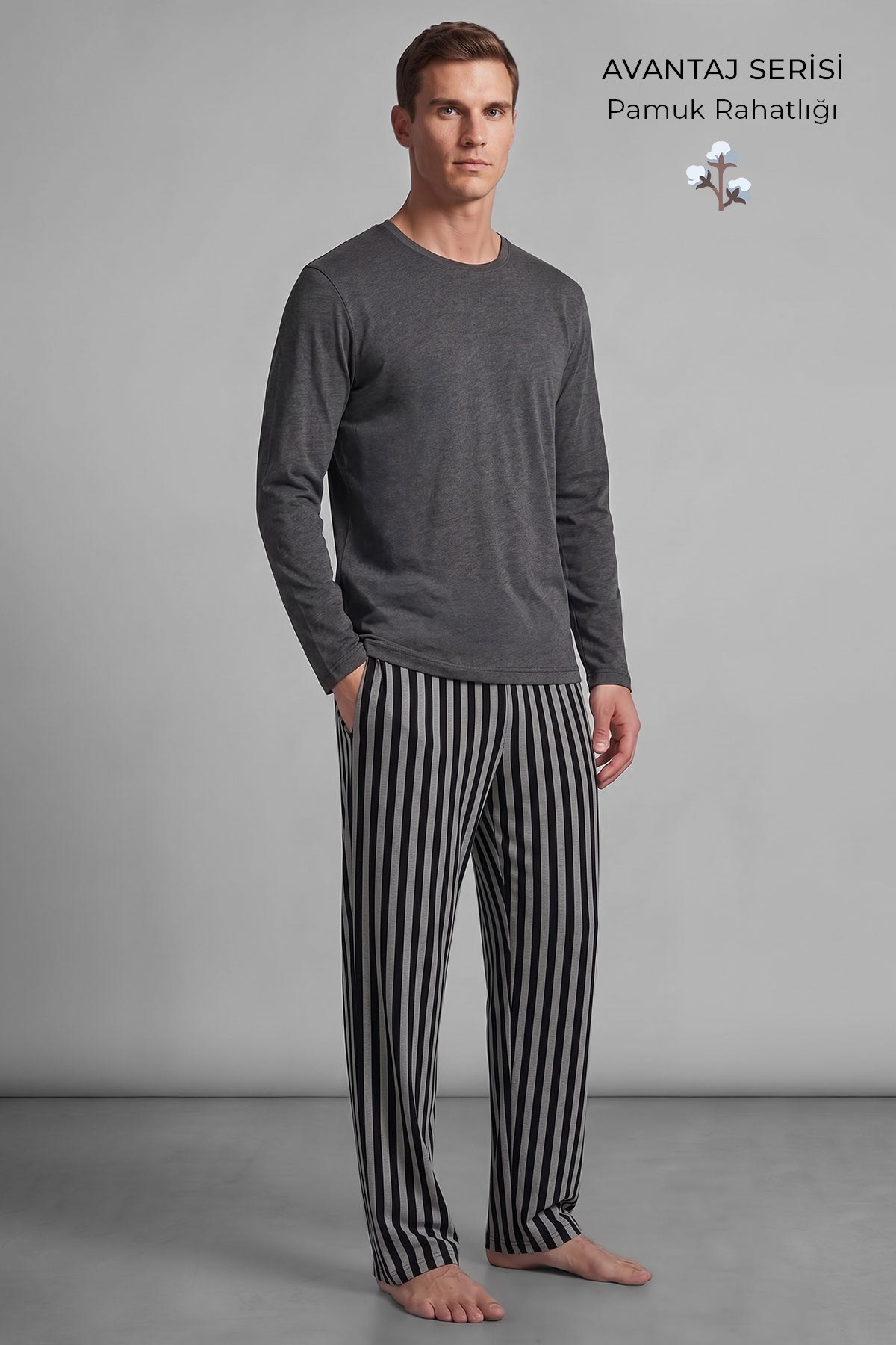 Mısırlı Erkek Pamuklu Uzun Kollu Pijama Takım Antrasit-Siyah