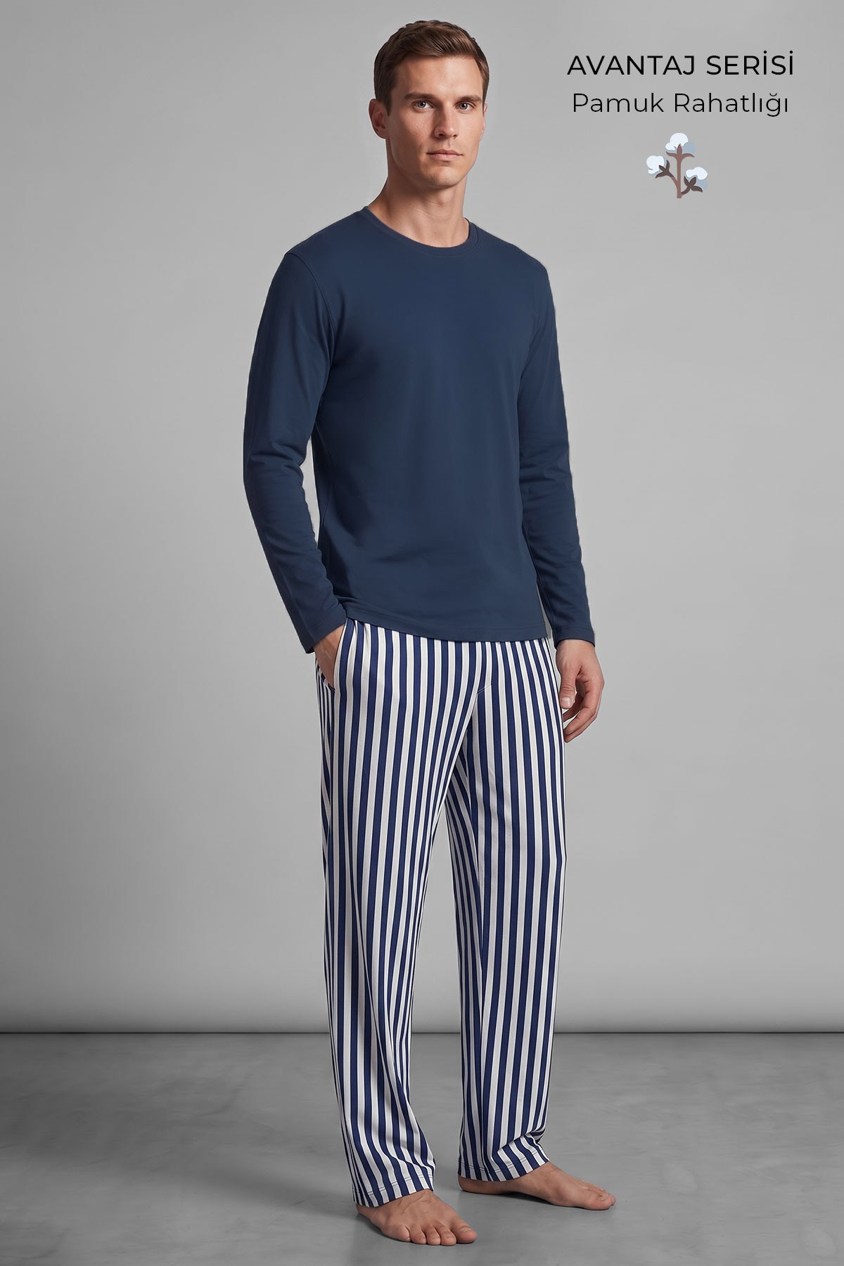 Mısırlı Erkek Pamuklu Uzun Kollu Pijama Takım Lacivert-Ekru