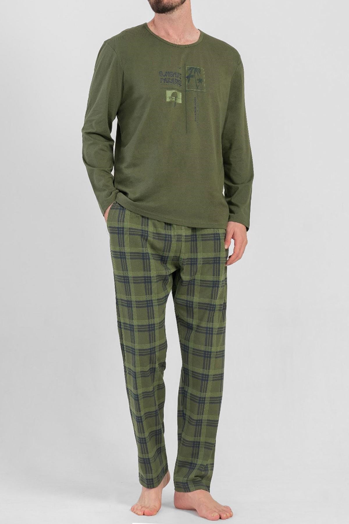 Mısırlı Erkek Pamuklu Uzun Kollu Pijama Takımı Haki