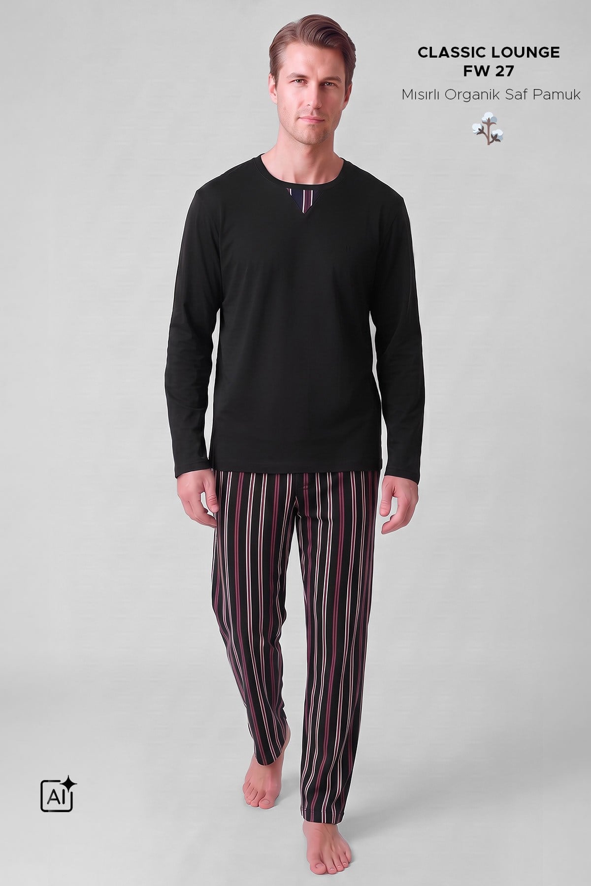 Mısırlı Erkek Pamuklu V Yaka Pijama Takım Siyah