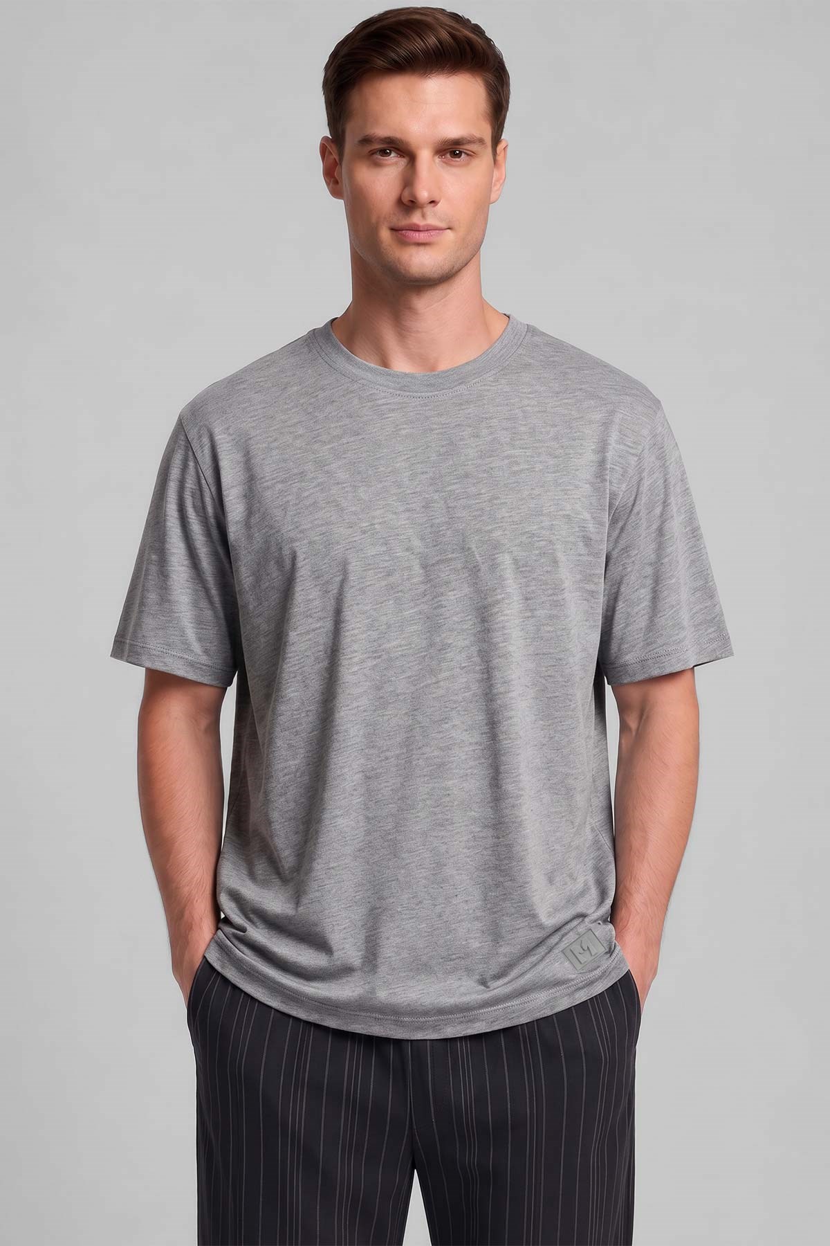 Mısırlı Erkek Relax Fit Penye T-Shirt Gri Melanj