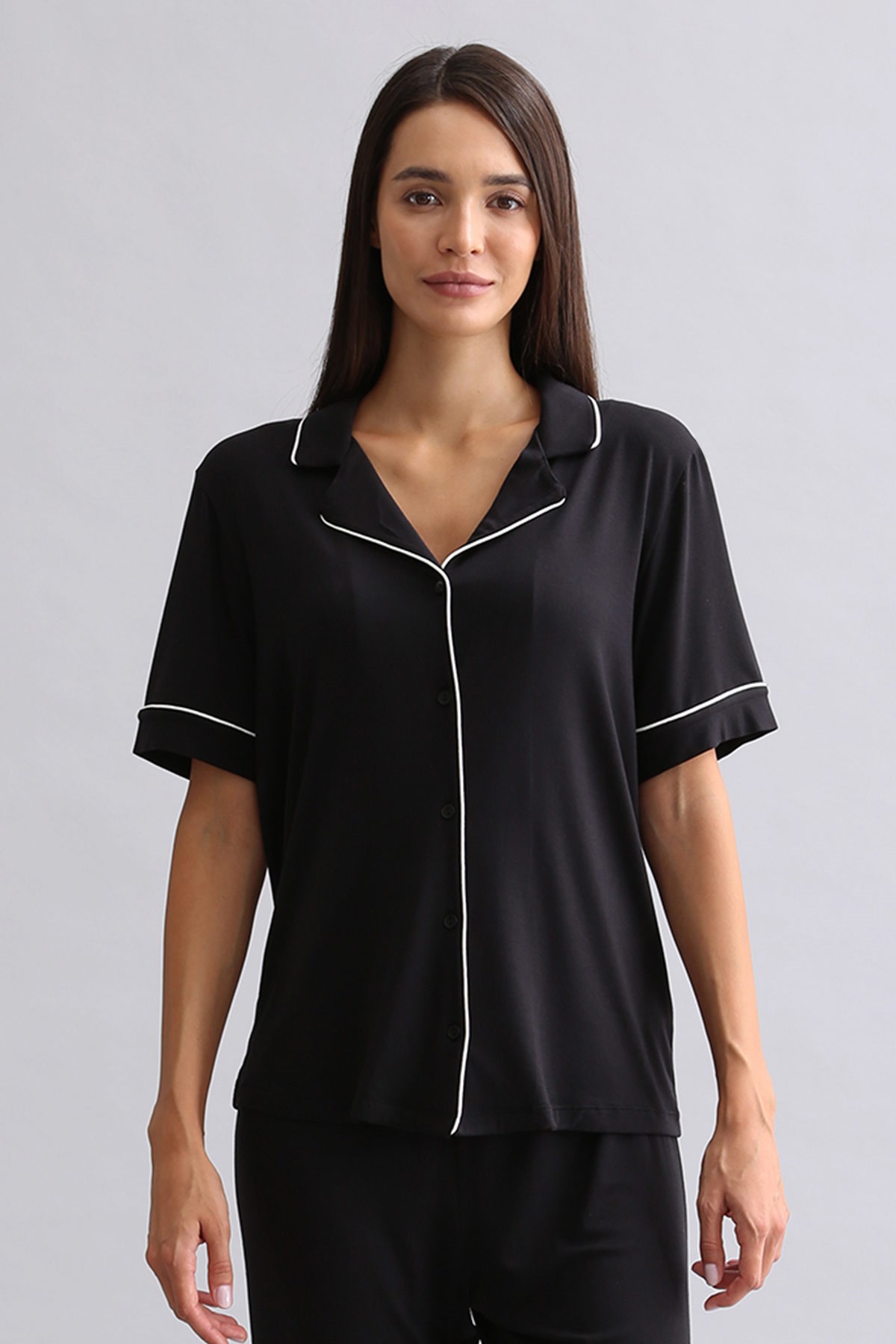 Mısırlı Kadın Bambu Kısa Kol Pijama Üst Siyah