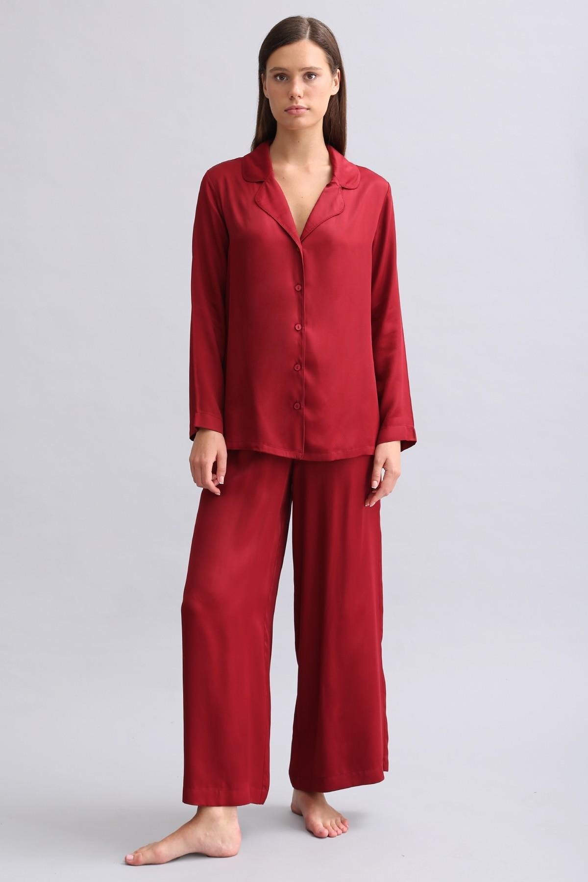 Mısırlı Kadın Bambu Saten Biye Detaylı Pijama Takımı Bordo