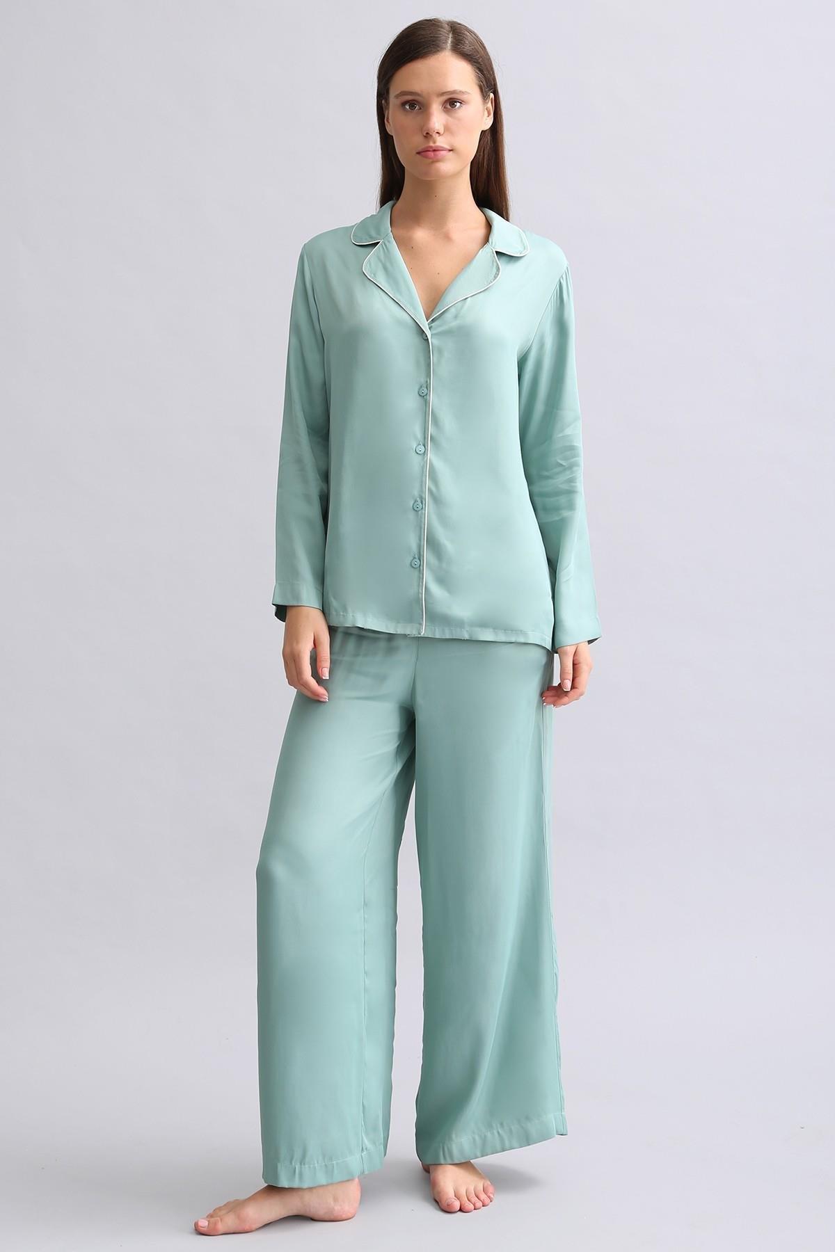 Mısırlı Kadın Bambu Saten Biye Detaylı Pijama Takımı Çağla Yeşili