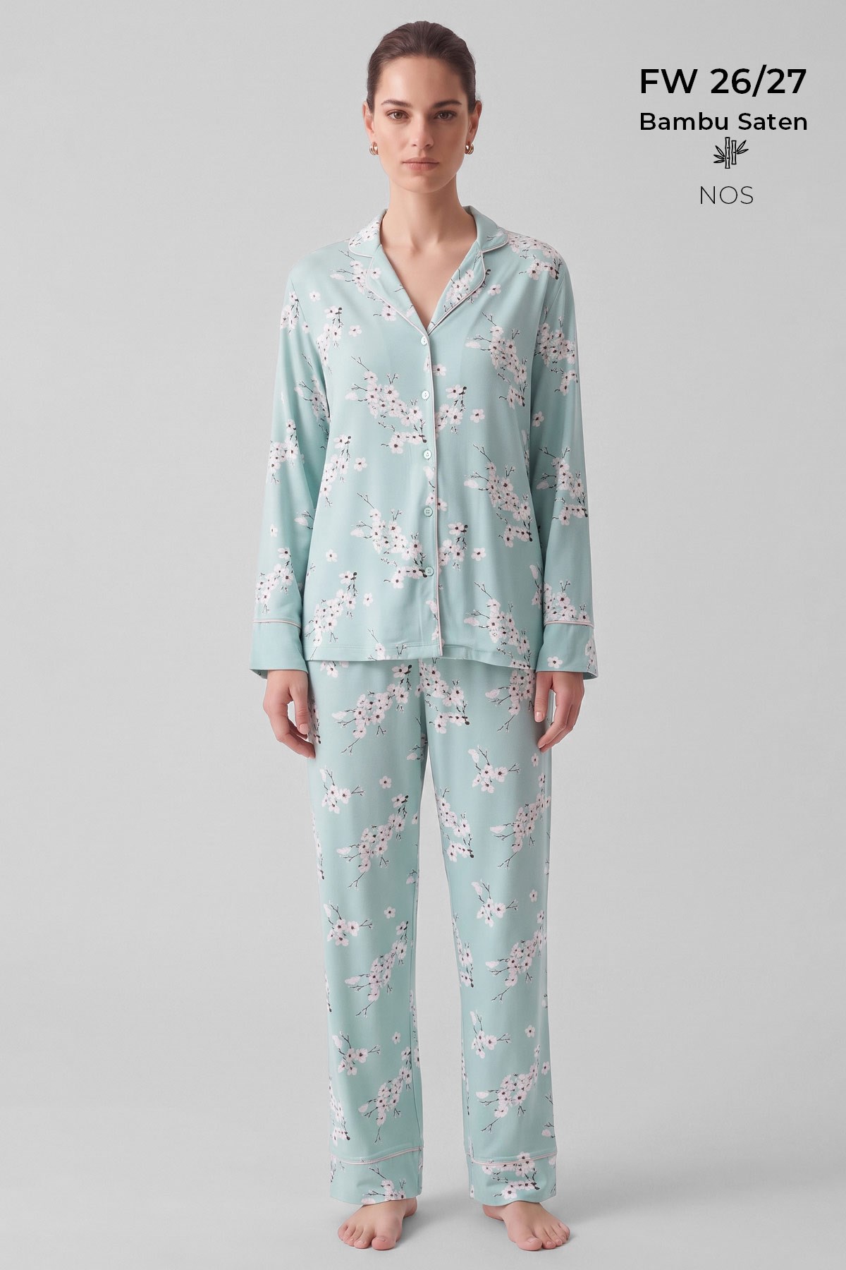 Mısırlı Kadın Bambu Saten Çiçekli Pijama Takımı Çağla Yeşili