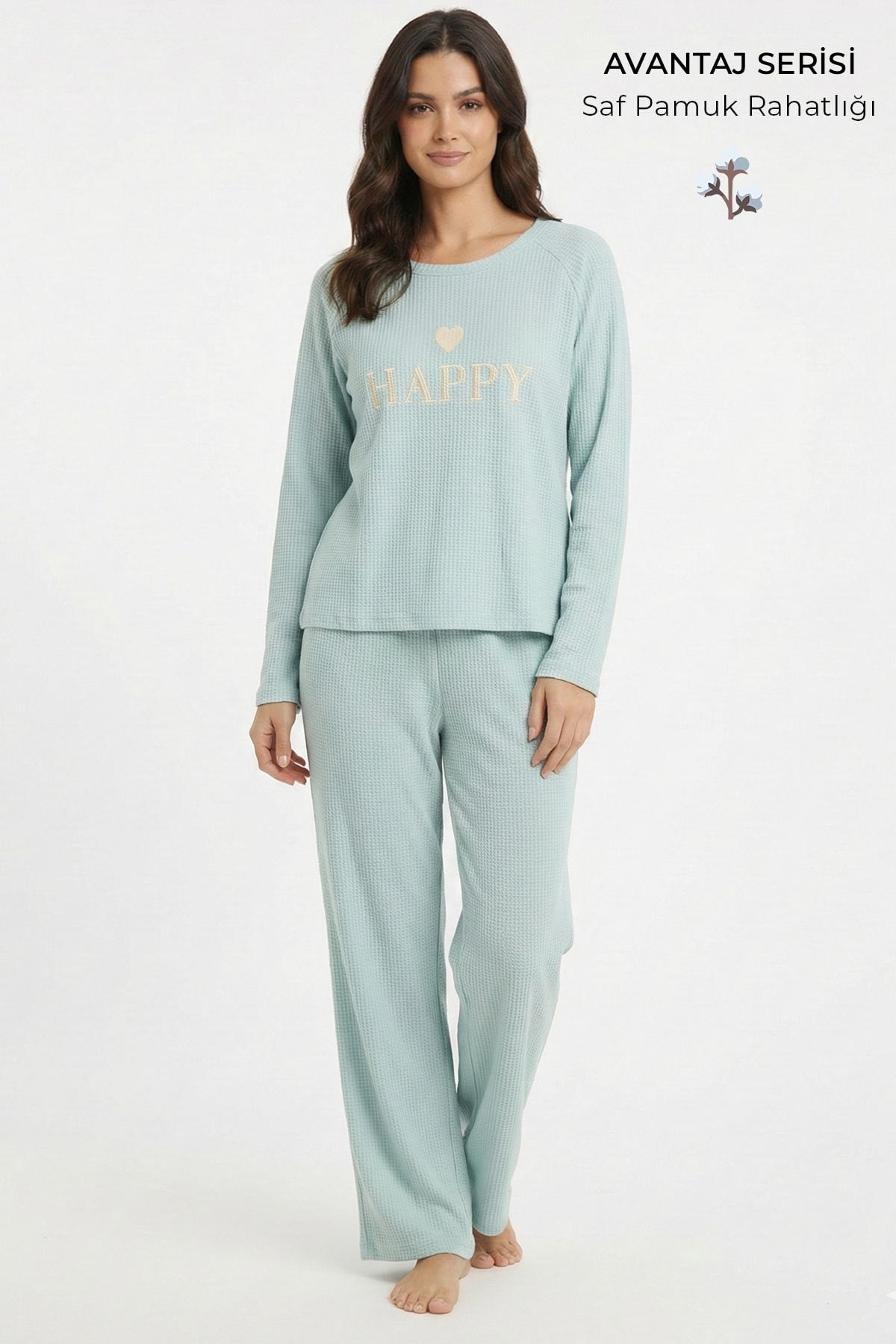 Mısırlı Kadın Pamuk Gorfe Kumaş Pijama Takım Mint
