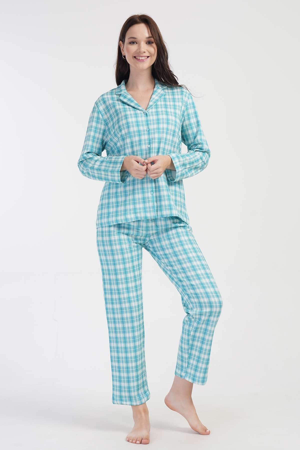 Mısırlı Kadın İki İplik Pamuklu Ekoseli Uzun Kollu Gömlek Pijama Takımı Mavi
