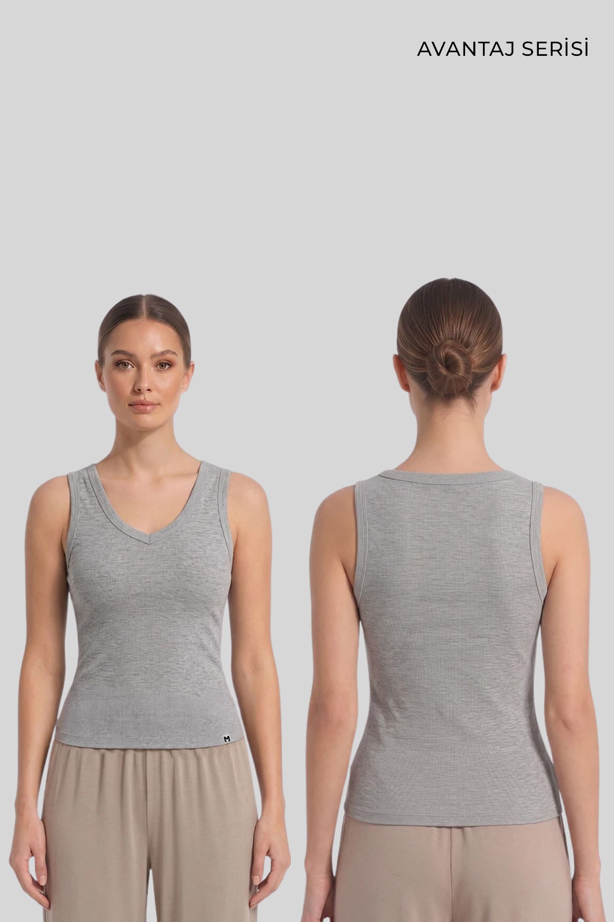 Mısırlı Kadın Kaşkorse V Yaka Tshirt Gri Melanj
