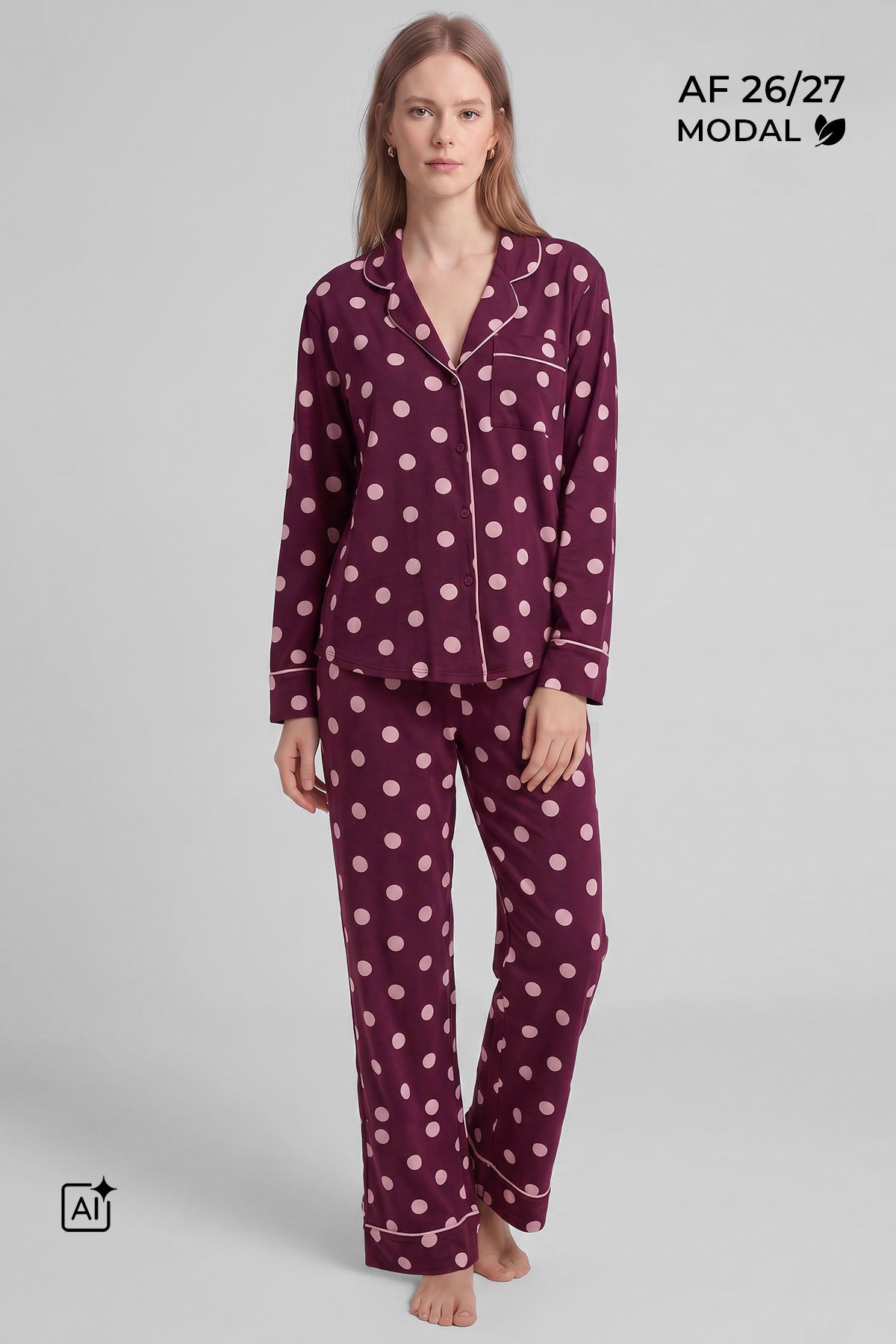 Mısırlı Kadın Modal Puantiyeli Pijama Takımı Bordo