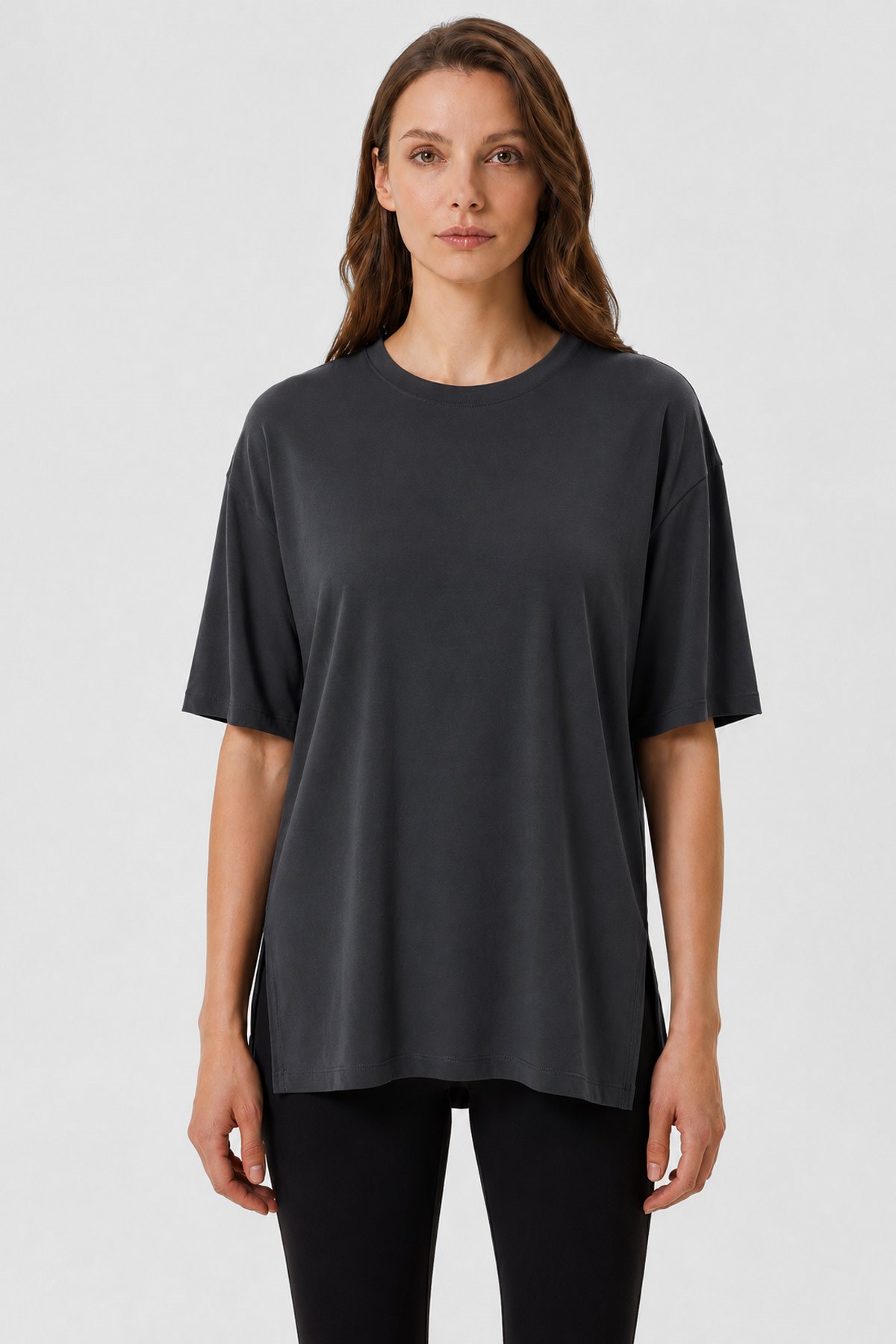Mısırlı Kadın Modal Uzun Yırtmaçlı T-Shirt Antrasit