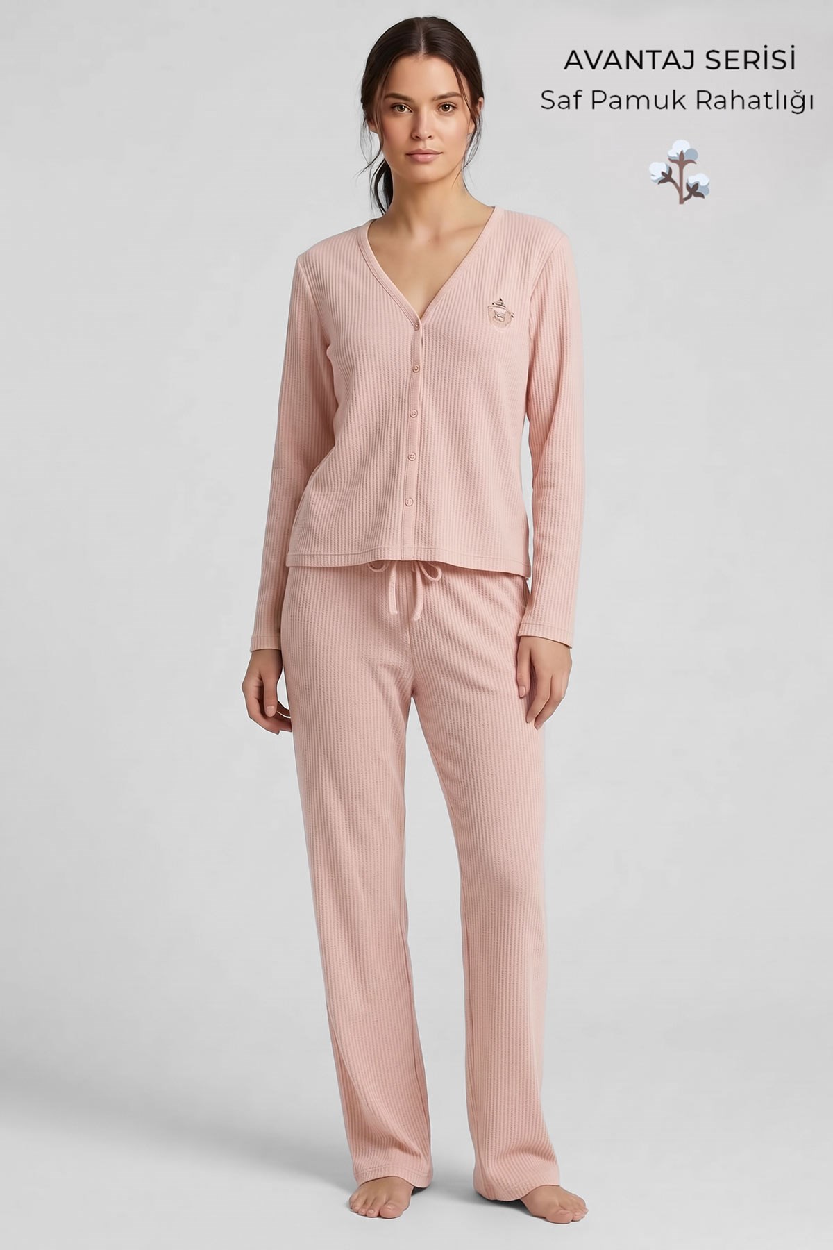 Mısırlı Kadın Pamuk Gofre V Yaka Pijama Takım Açık Pembe