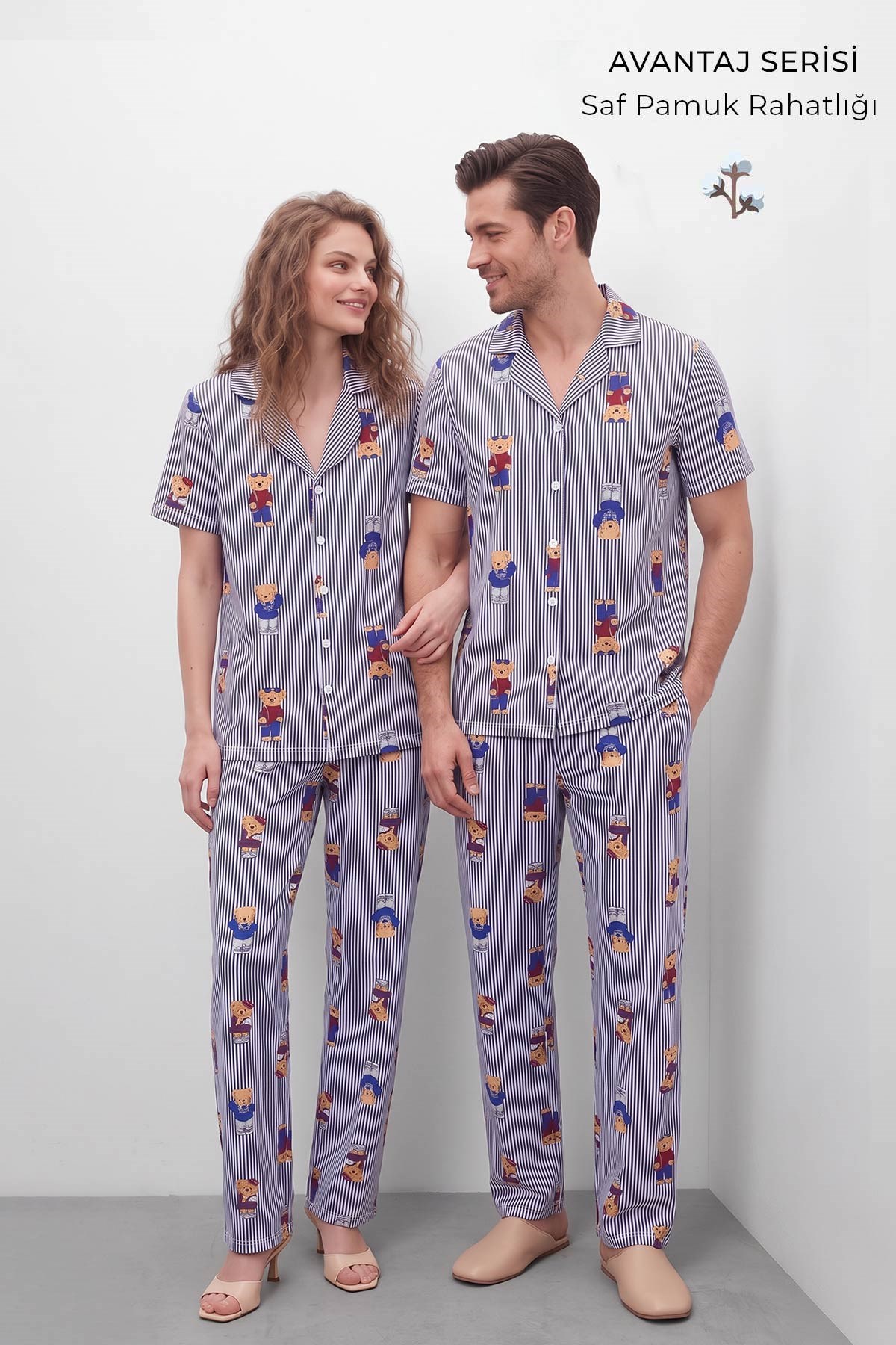 Mısırlı Kadın Pamuk Kısa Kollu Gömlek Pijama Takım Lacivert