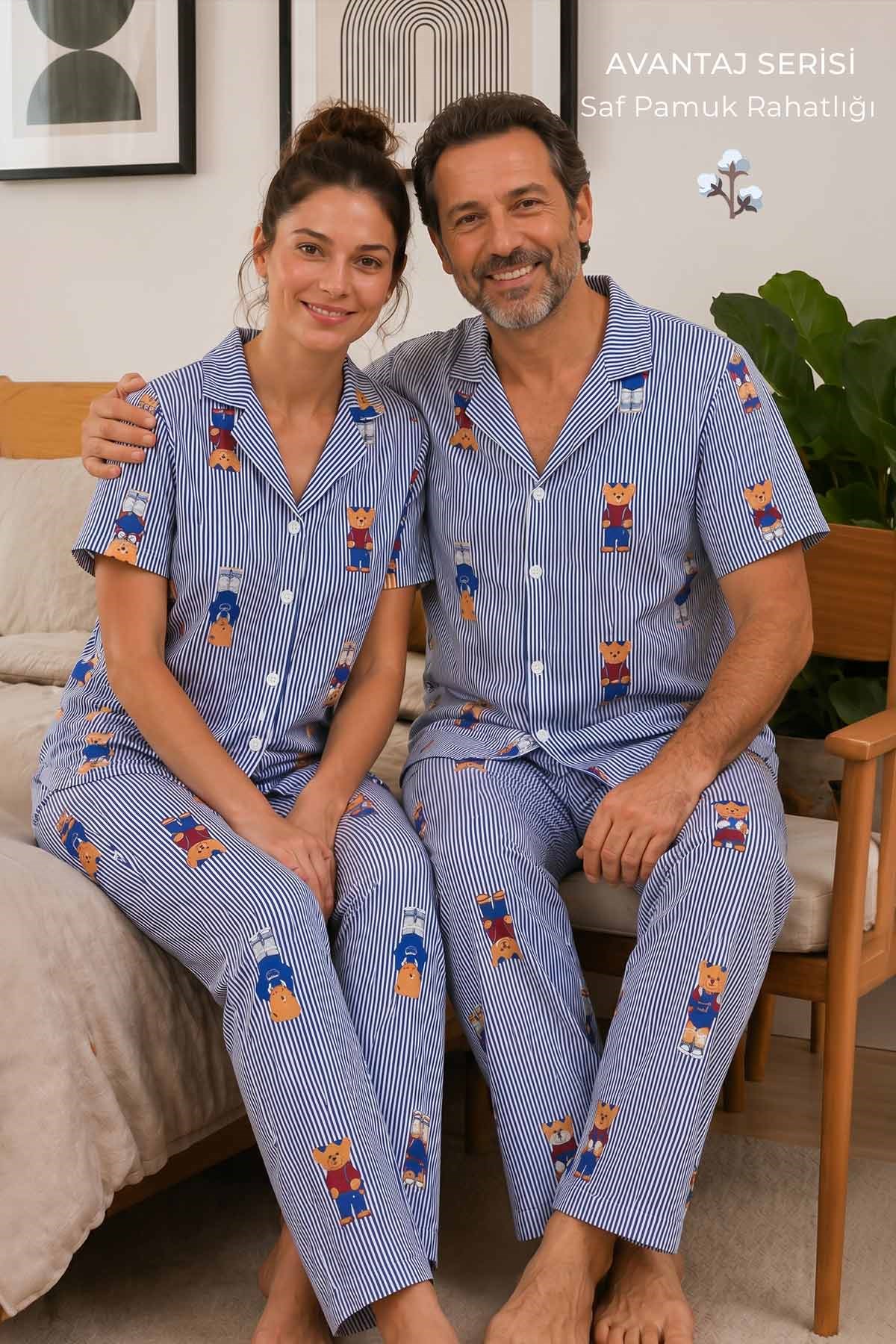 Mısırlı Kadın Pamuk Kısa Kollu Gömlek Pijama Takım Lacivert