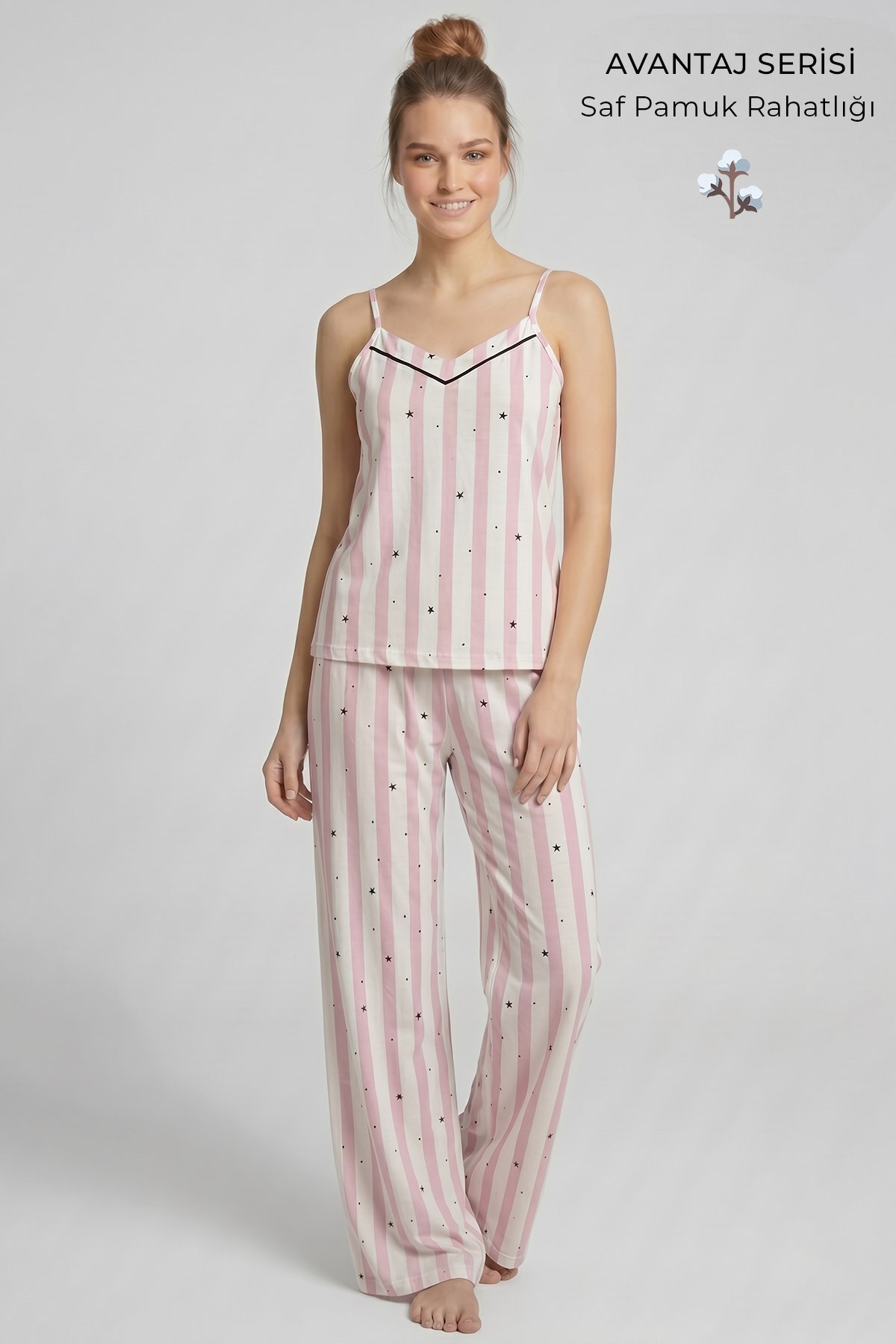 Mısırlı Kadın Pamuklu Çizgili Pijama Takım Pembe