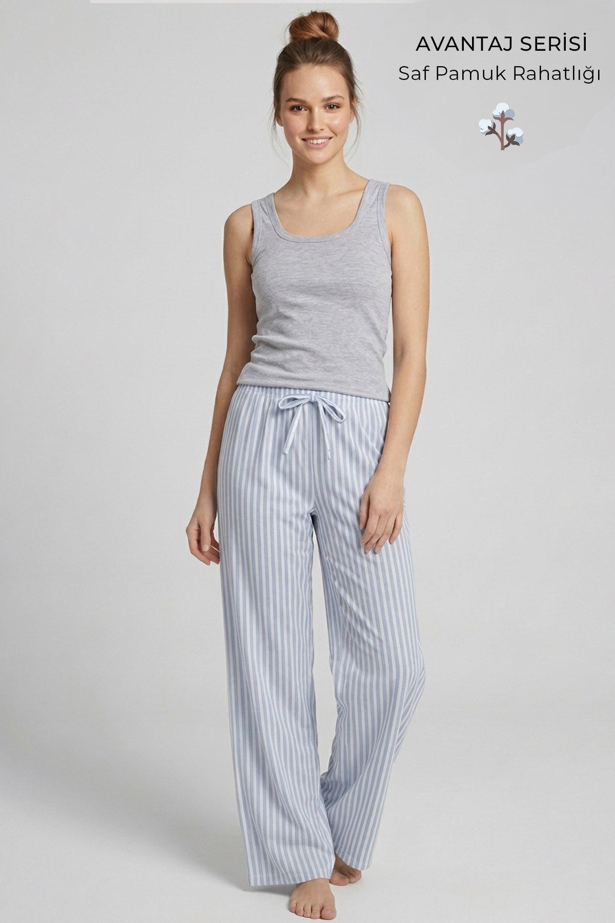 Mısırlı Kadın Pamuklu Çizgili Pijama Takım Gri/Mavi