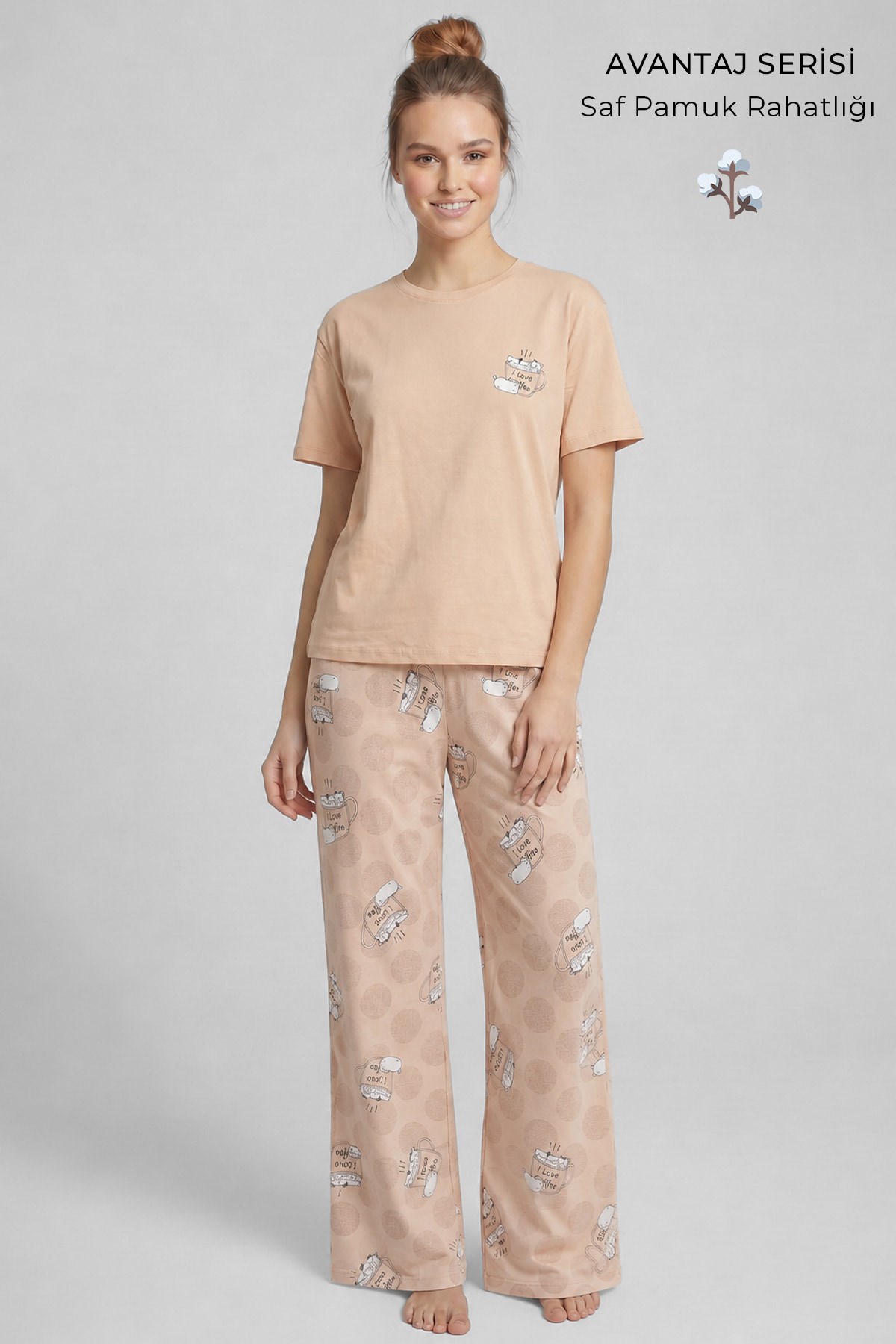 Mısırlı Kadın Pamuklu Pijama Takım Bej
