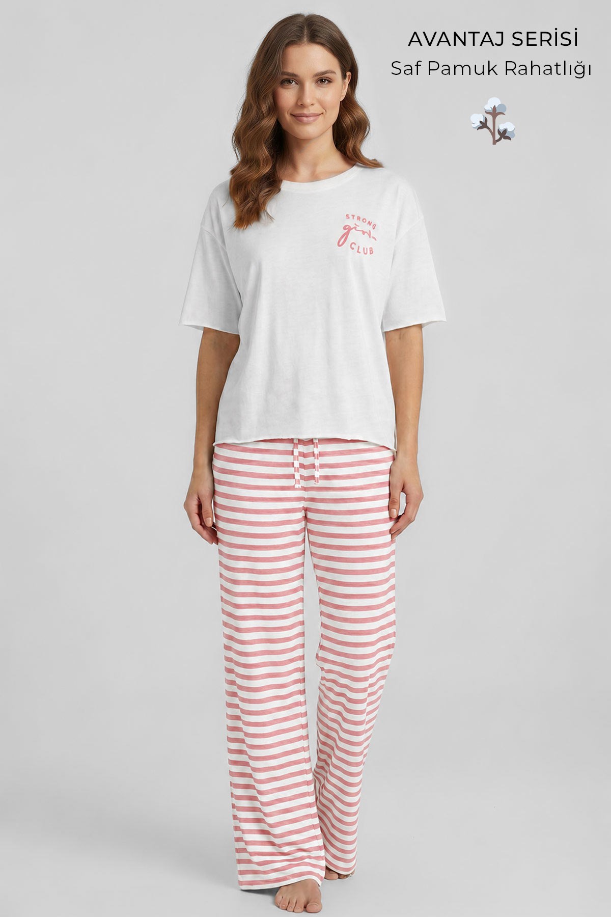Mısırlı Kadın Pamuklu Pijama Takım Beyaz-Somon