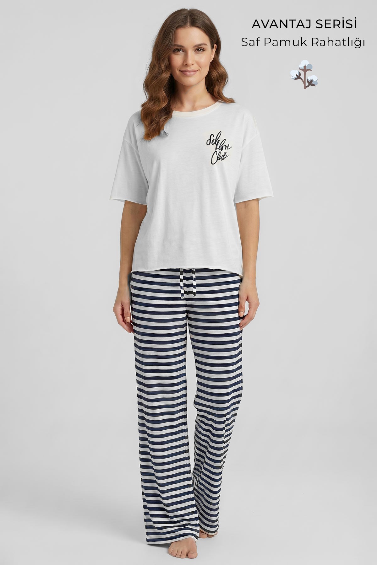 Mısırlı Kadın Pamuklu Pijama Takım Beyaz-Lacivert