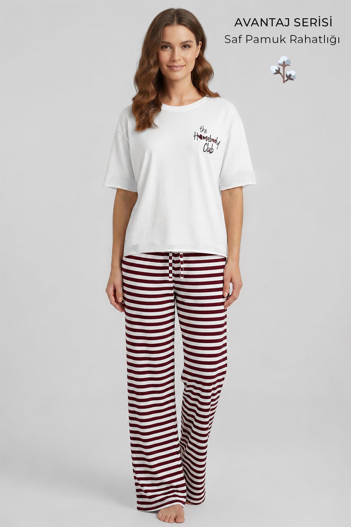 Mısırlı Kadın Pamuklu Pijama Takım Beyaz-Bordo