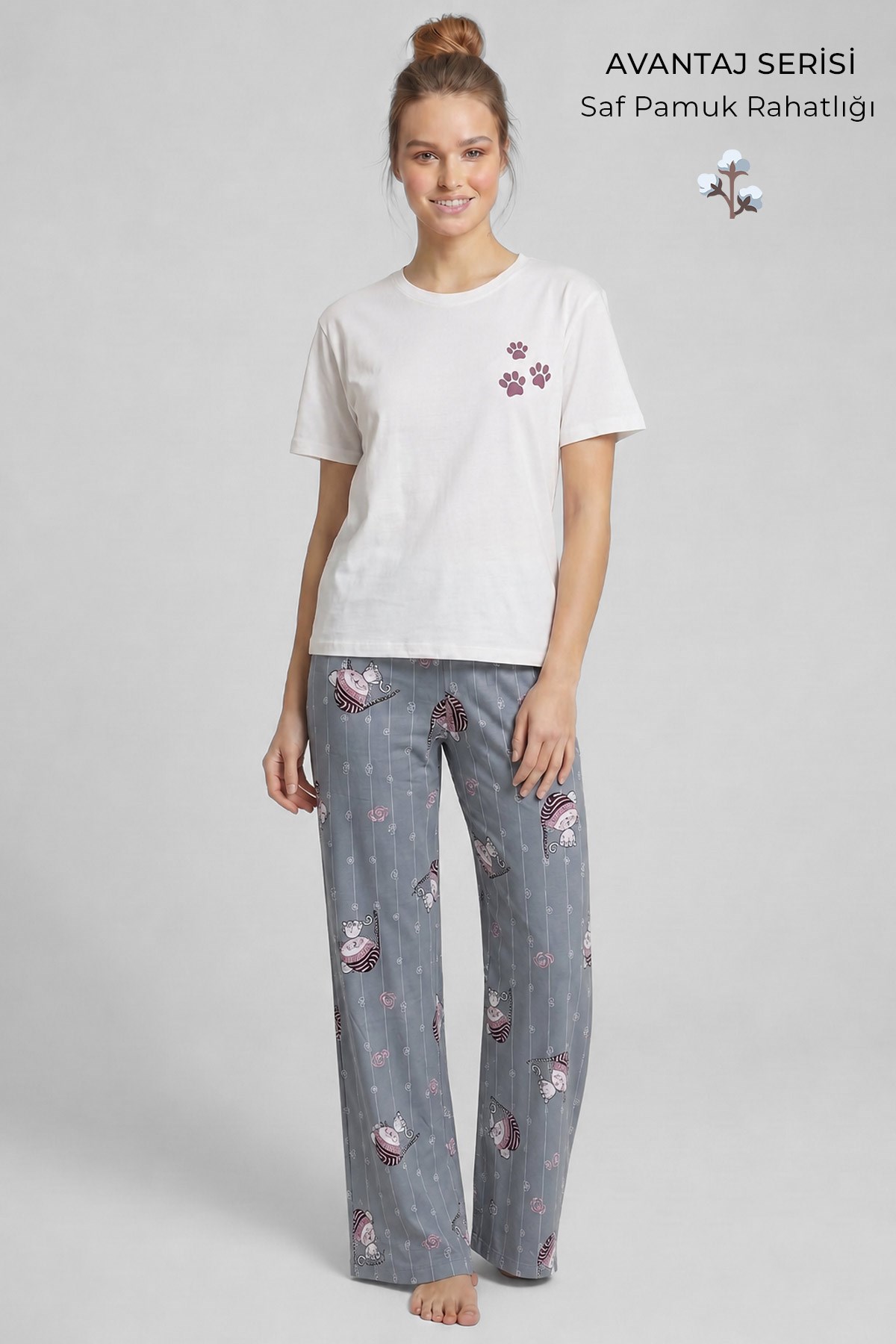 Mısırlı Kadın Pamuklu Pijama Takım Gri/Beyaz