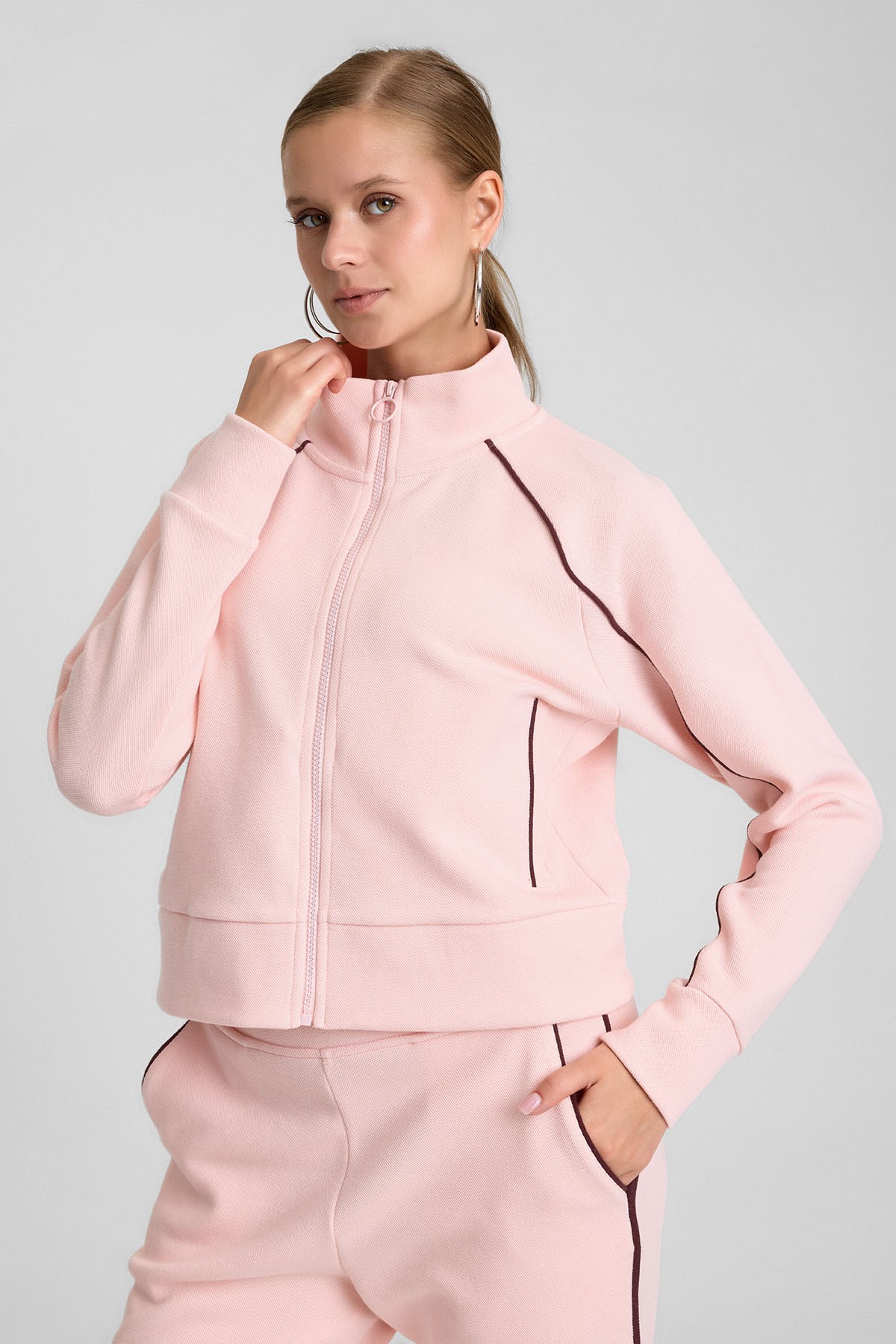 Mısırlı Kadın Pamuklu Pike Fermuarlı Ceket Açık Pembe
