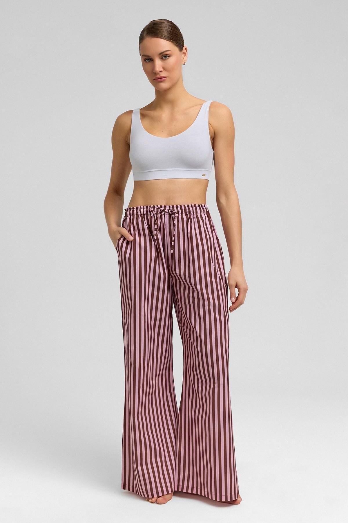 Mısırlı Kadın Pamuklu Poplin Çizgili Pijama Altı / Pantolon Kahverengi/Pembe