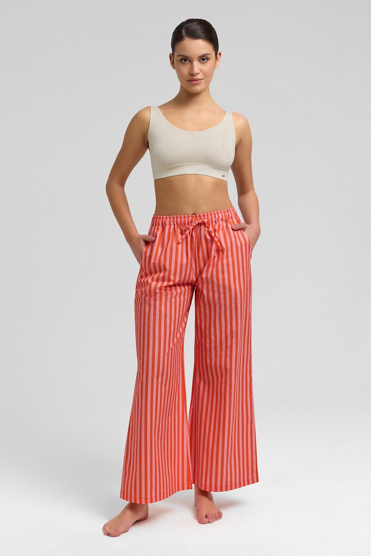 Mısırlı Kadın Pamuklu Poplin Çizgili Pijama Altı / Pantolon Turuncu/Pembe