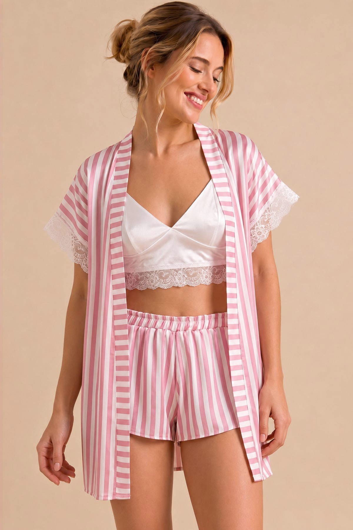 Mısırlı Kadın Saten Çizgili Short Üçlü Takım Pembe